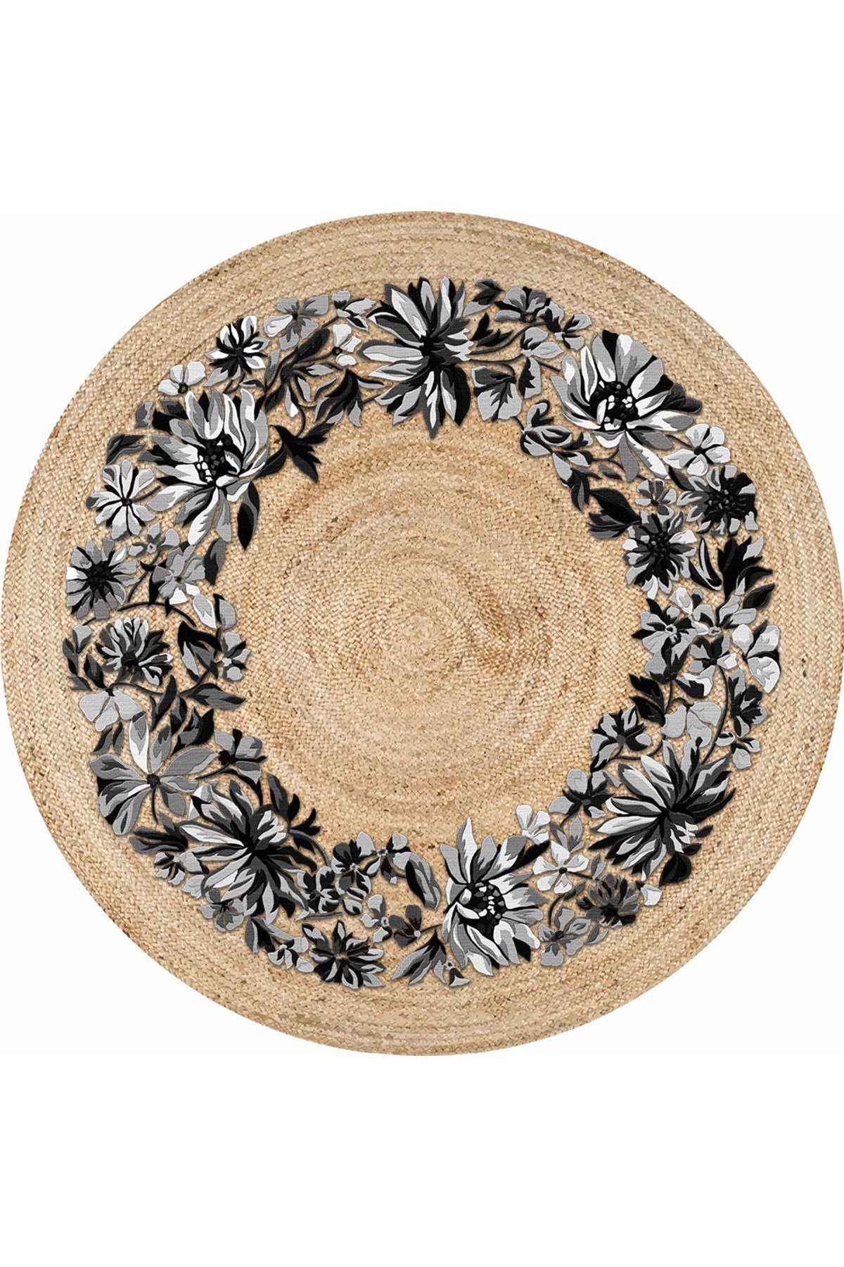 Boho 930 Jüt Doğa Iplik Ile Üretilmiş Çiçek Desenli Yuvarlak Natural Renk Çift Taraflı Halı