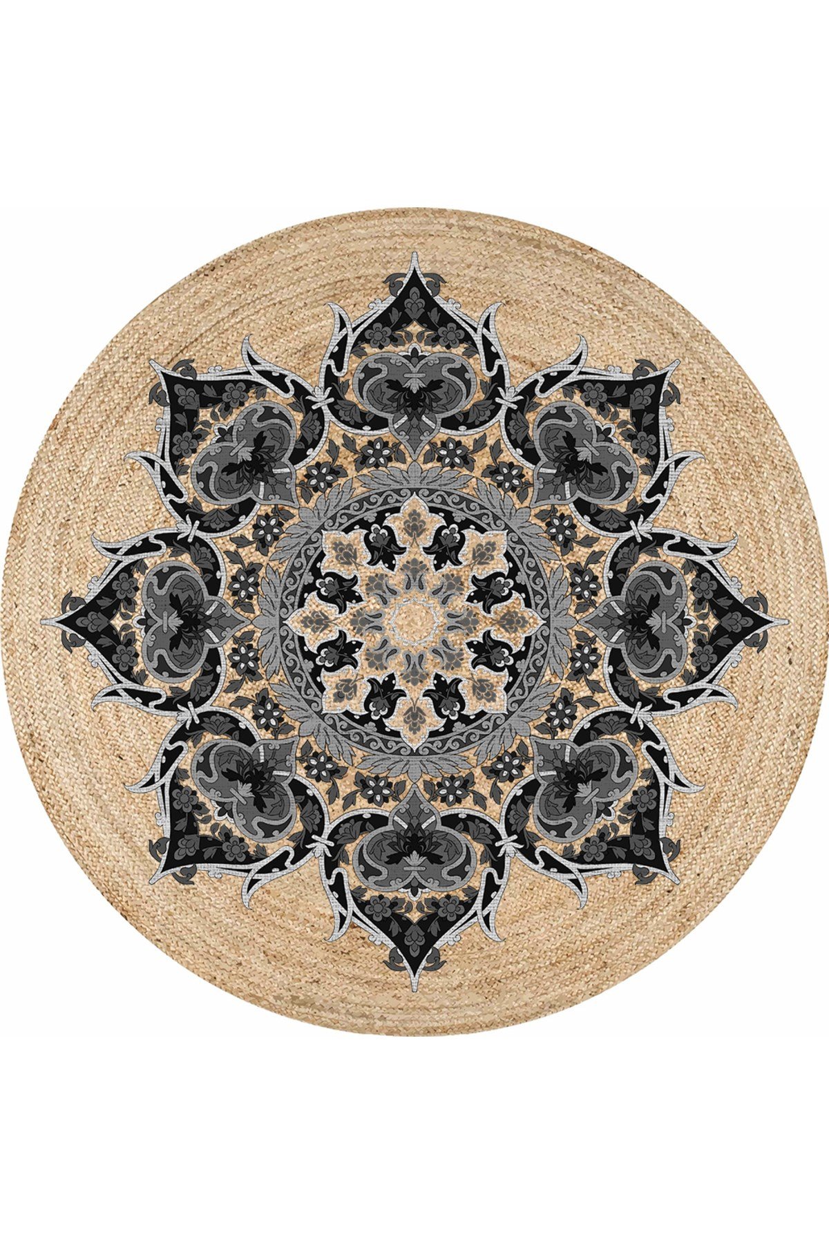 Boho 933 Gri-Siyah Mandala Natural Doğal Jüt