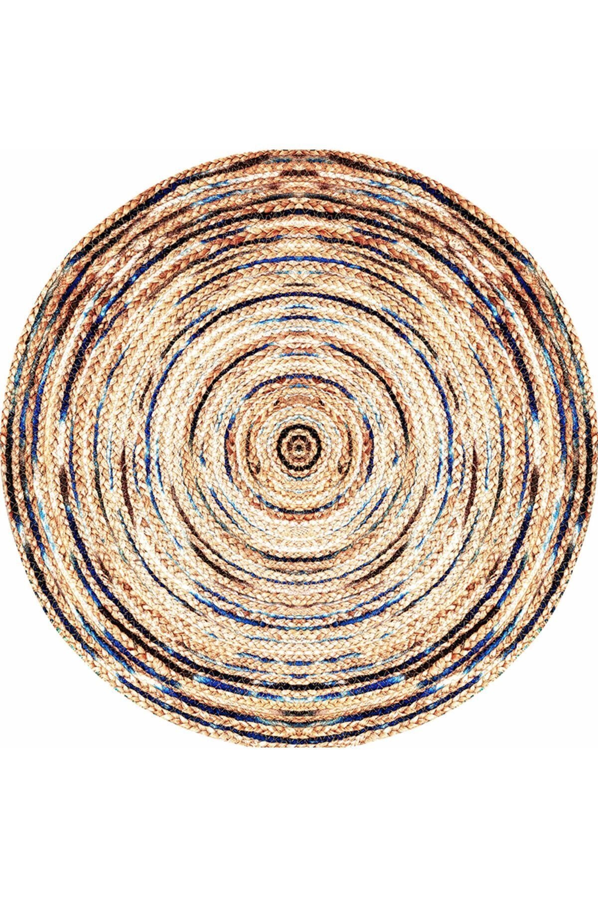 Boho 948 Jüt Rengi Ve Desenli Örgü Yuvarlak Natural Çift Taraflı Halı