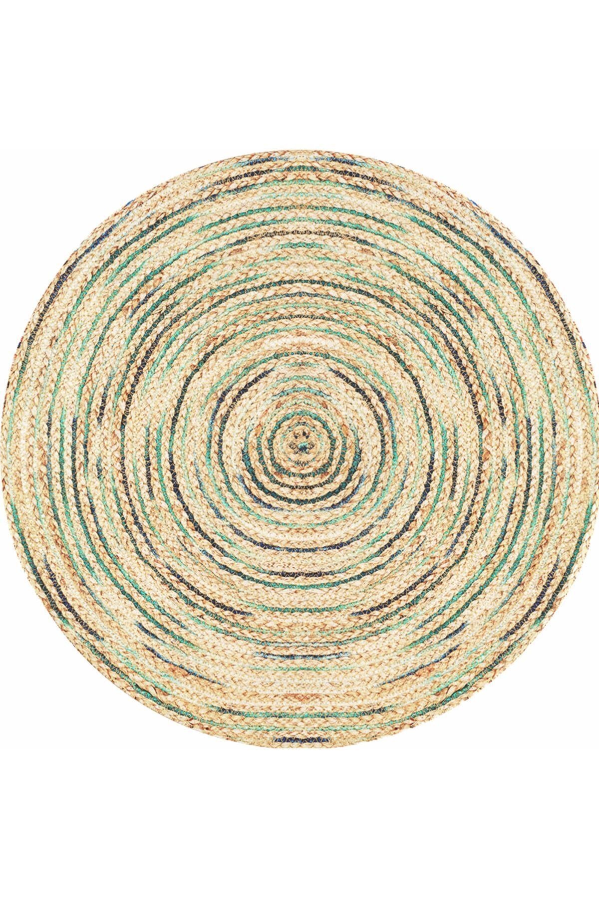 Boho 950 Jüt Rengi Ve Yeşil Desenli Örgü Yuvarlak Natural Çift Taraflı Halı
