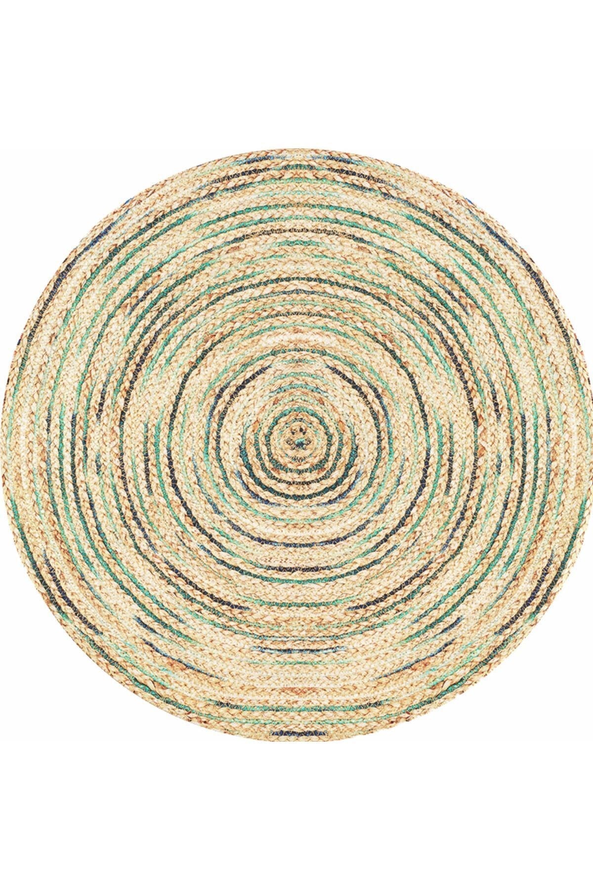 Boho 950 Jüt Rengi Ve Yeşil Desenli Örgü Yuvarlak Natural Çift Taraflı Halı