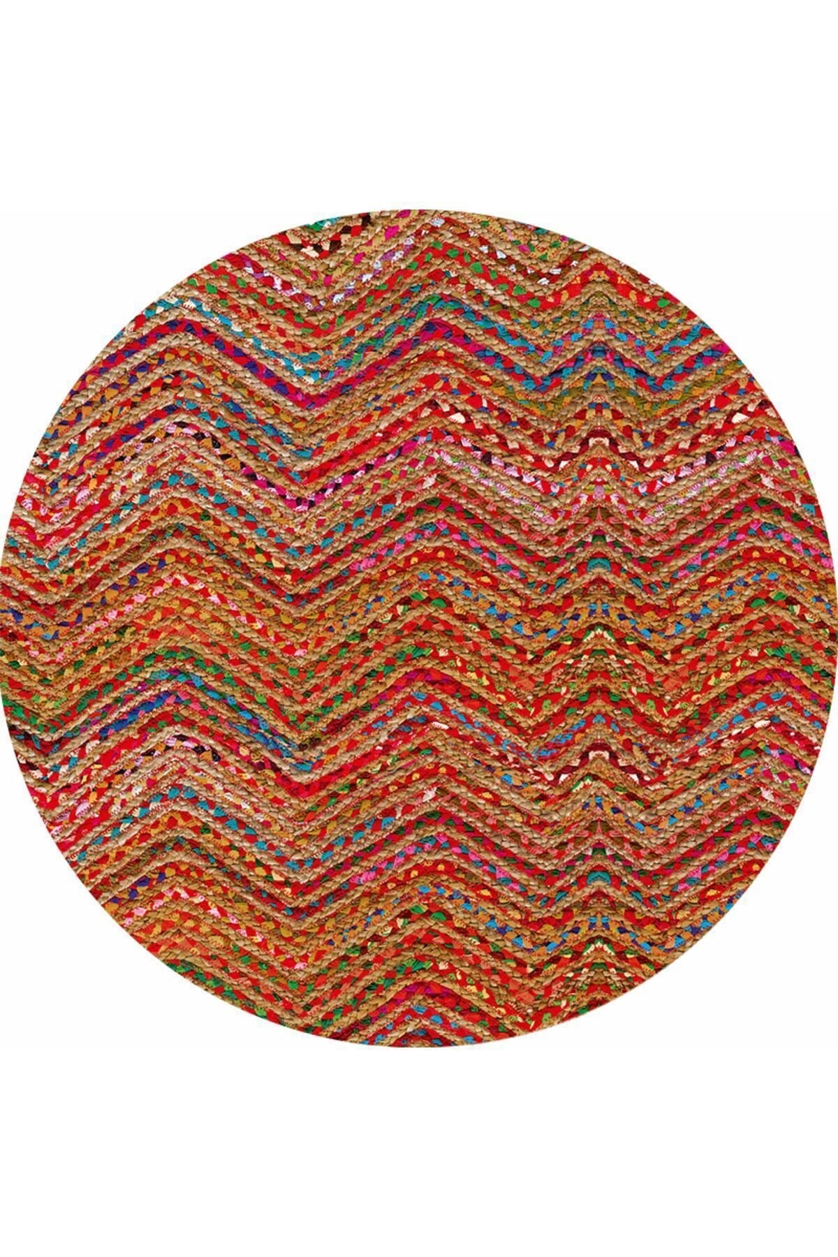 Boho 951 Multy Zigzag Desenli Jüt Rengi Örgü Yuvarlak Natural Çift Taraflı Halı