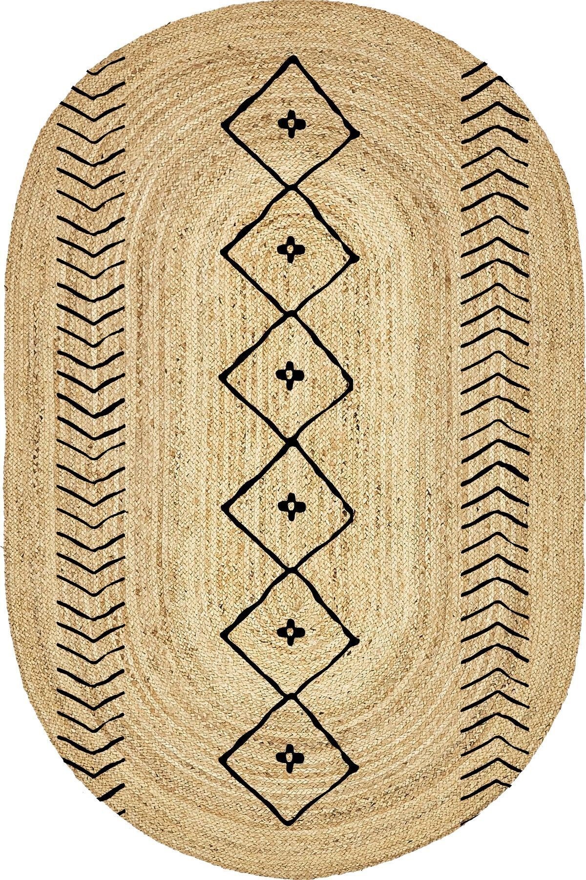 Boho 956 Oval Siyah Etnik Desenli Jüt Rengi Örgü Yuvarlak Natural Çift Taraflı Halı
