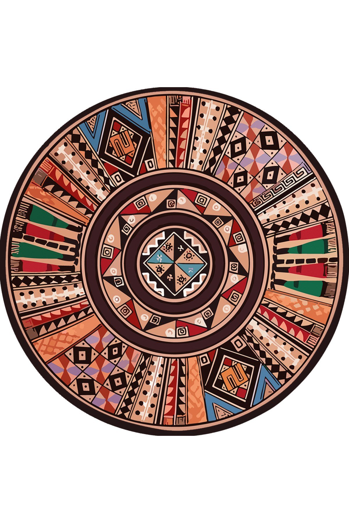 Boho 971 Renkli Etnik Mandala Desenli Doğal Natural Jüt Yuvarlak