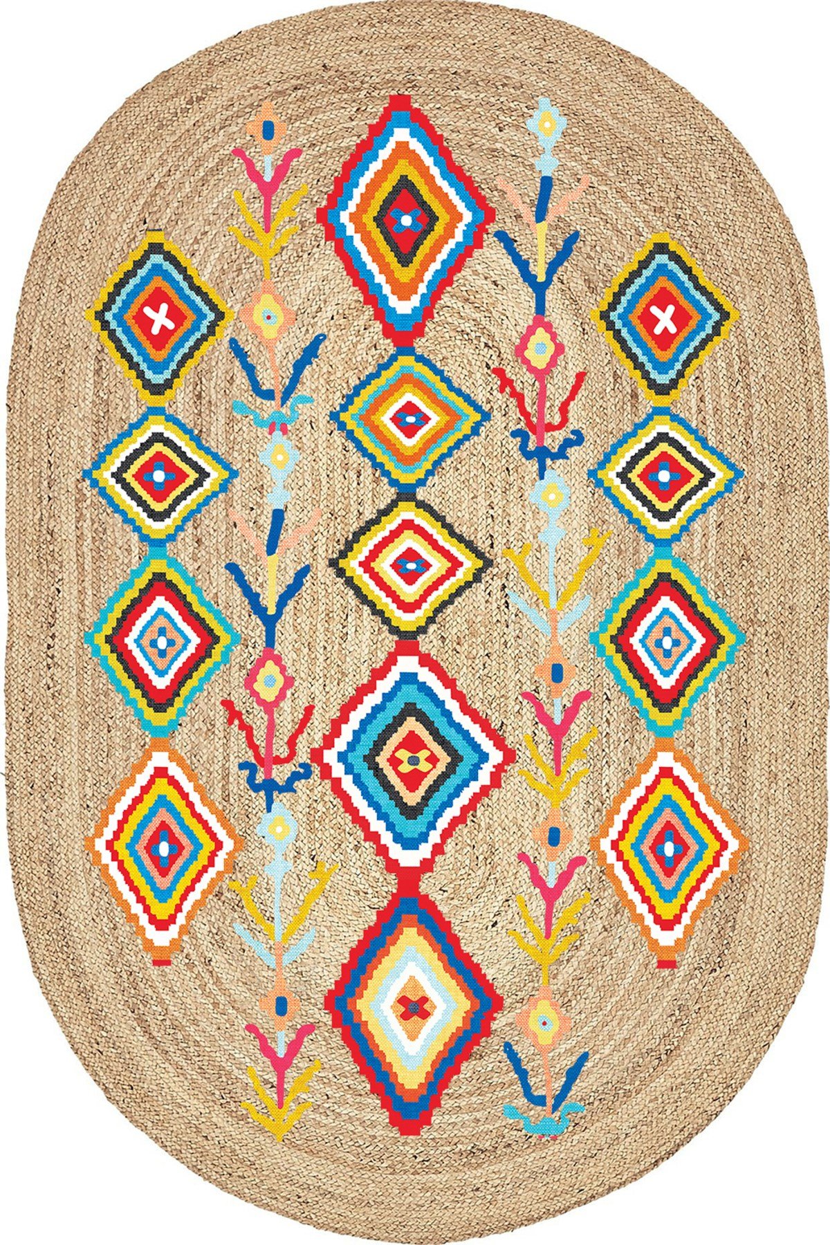 Boho 976 Jüt Hasır Etnik Desenli Oval Jüt Örme Doğal Hasır Natural Oval Halı