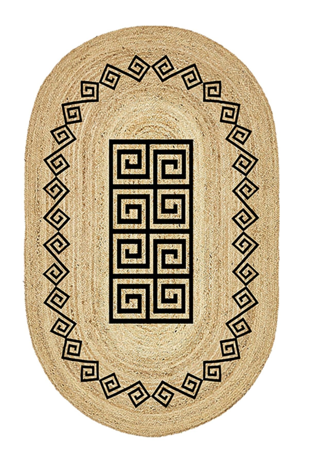 Boho 987 Jüt Hasır Etnik Desenli Oval Jüt Örme Doğal Hasır Natural Oval Halı