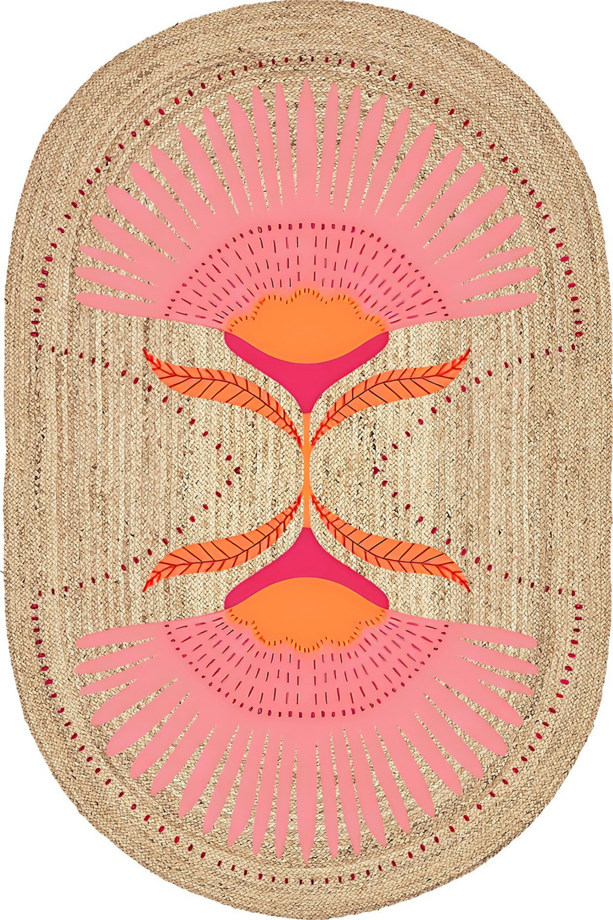 Boho 989 Jüt Hasır Etnik Desenli Oval Jüt Örme Doğal Hasır Natural Oval Halı
