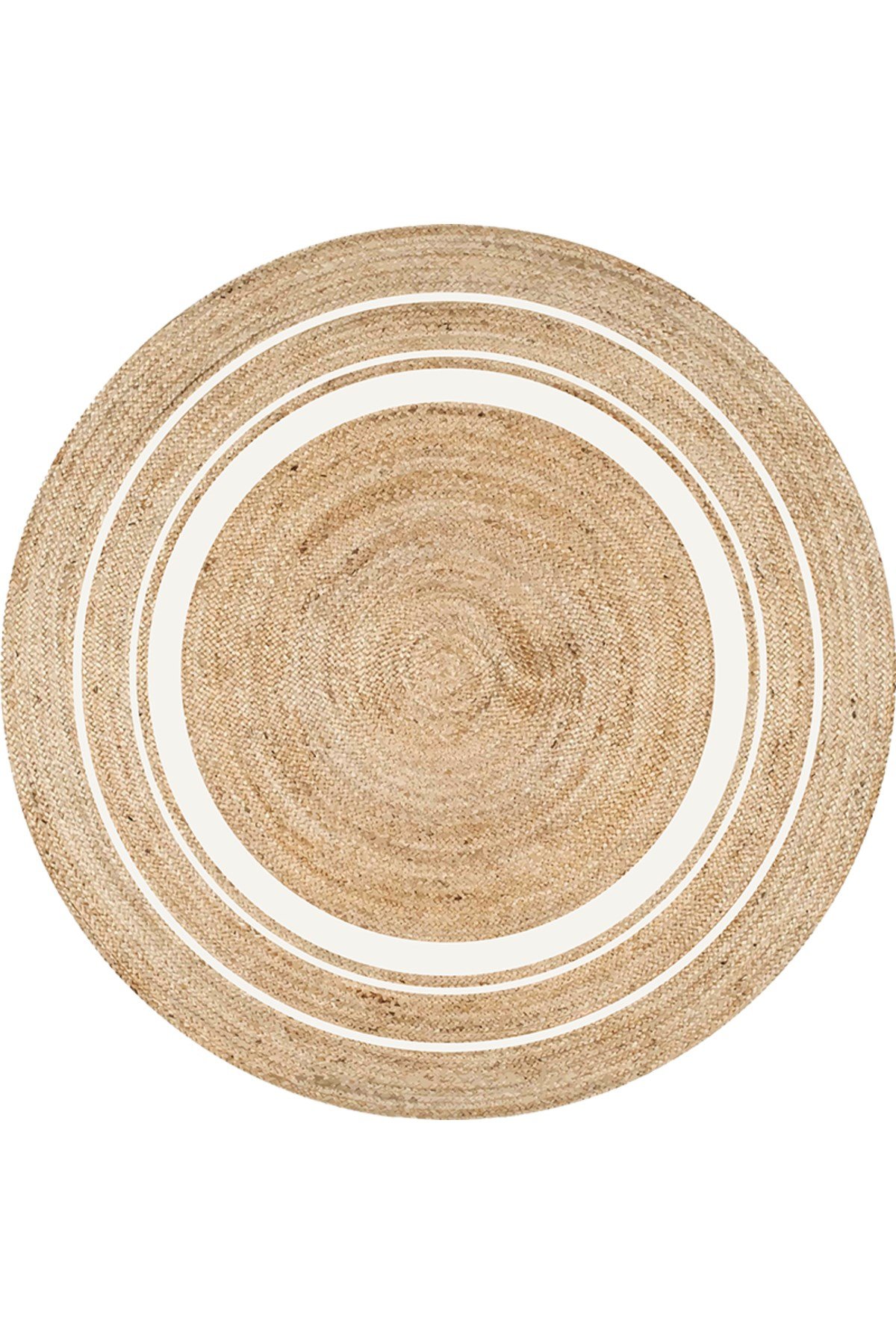 Boho 991 Natural Jüt Görünümlü Desen Üzerine Beyaz Halkalar Yuvarlak Natural Çift Taraflı Halı