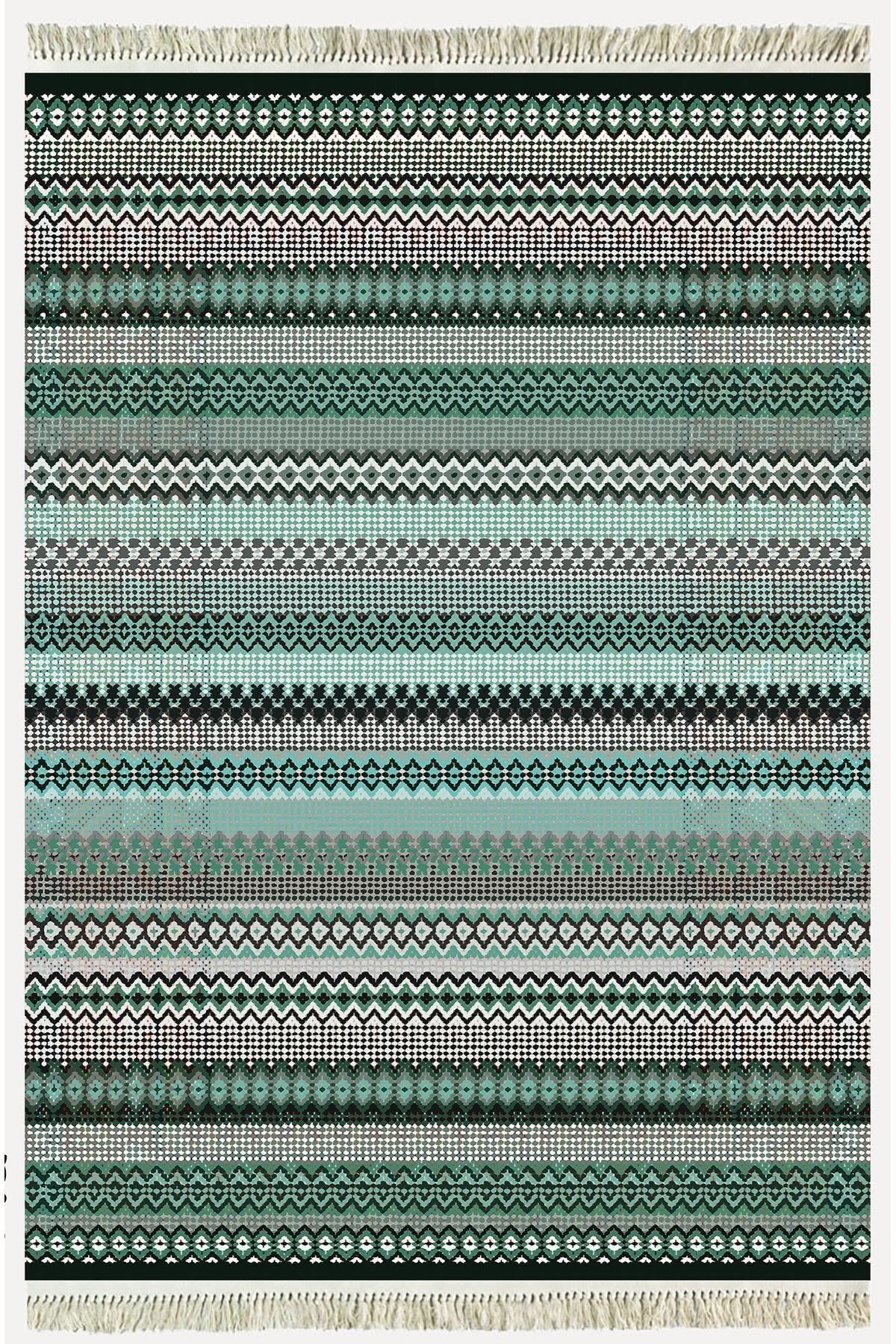 Cotton Kilim 21 Yeşil Zeminli Çizgili Desenli Dekoratif Yıkanabilen Dokuma Taban Kilim
