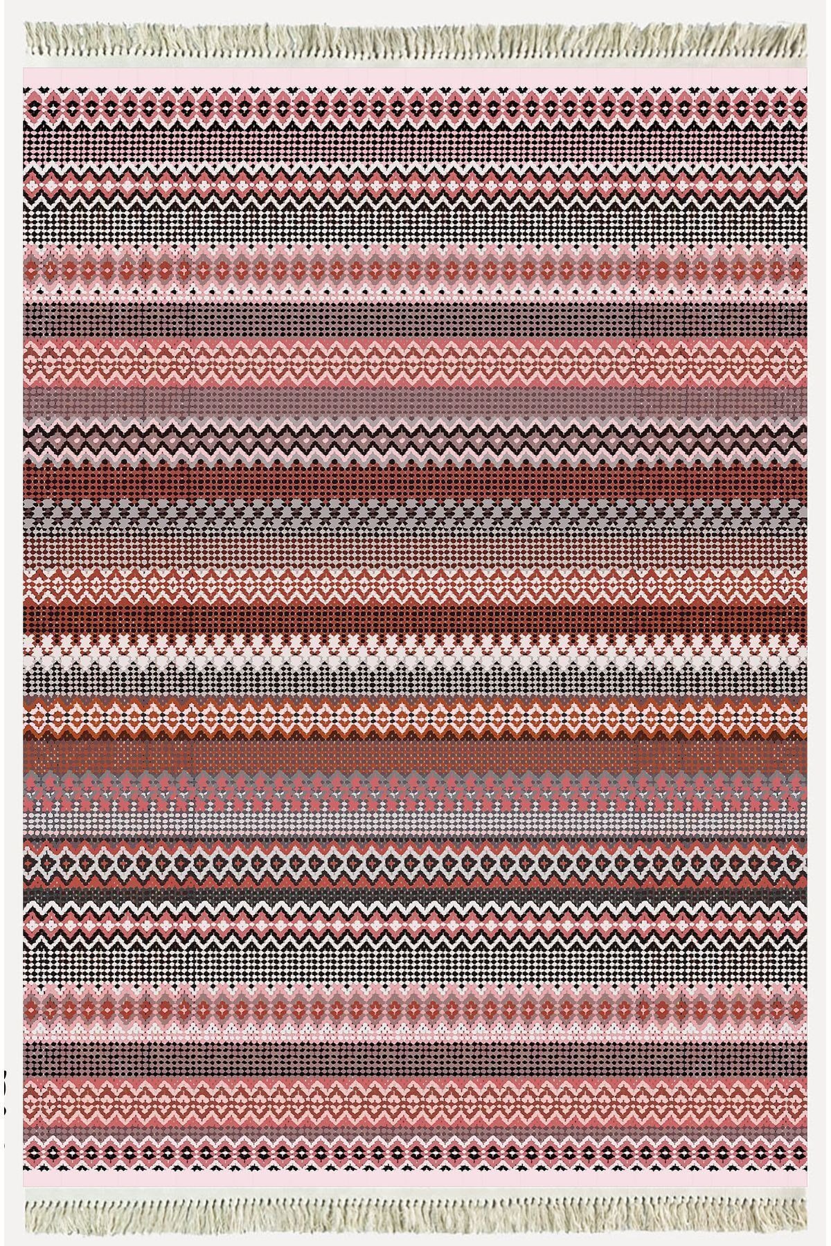 Cotton Kilim 22 Fuşya Zeminli Çizgili Desenli Dekoratif Yıkanabilen Dokuma Taban Kilim