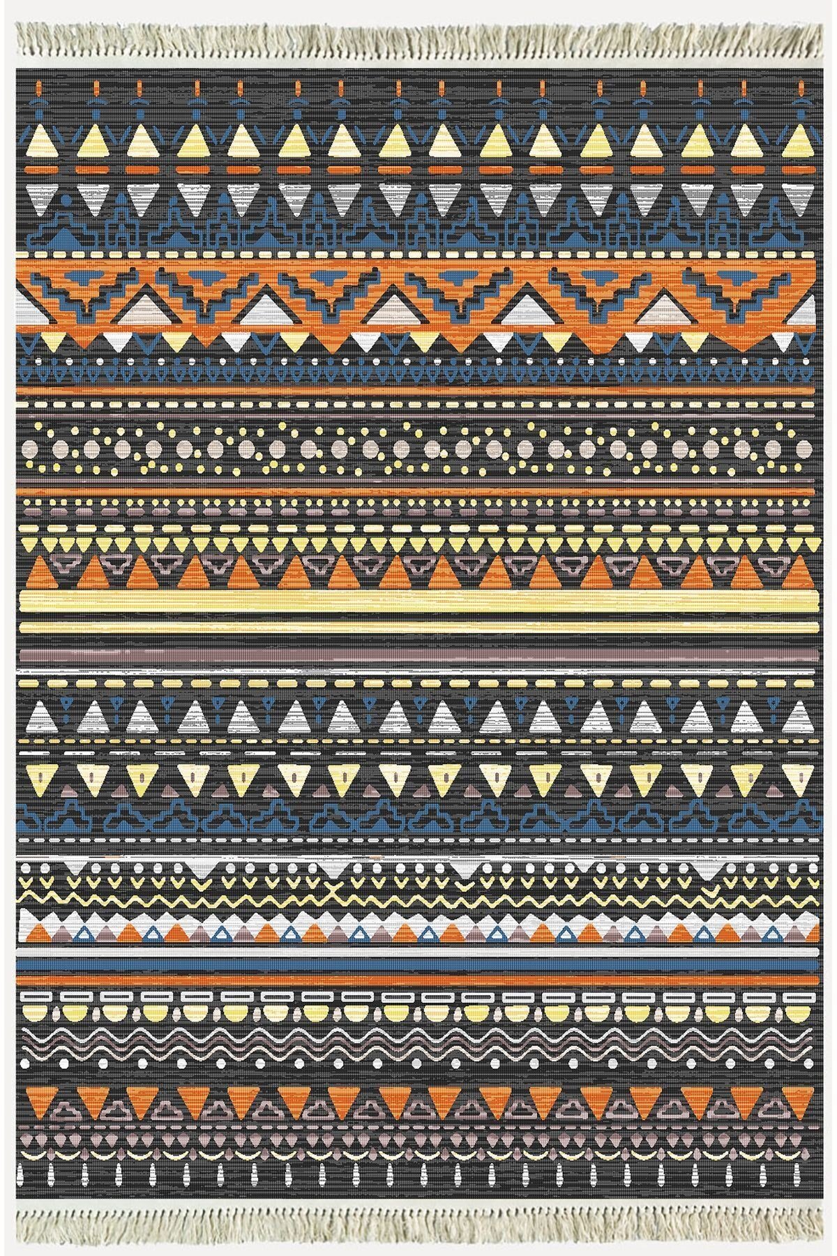 Cotton Kilim 24 Çok Renkli Geleneksel Motif Çizgili Desenli Dekoratif Yıkanabilen Dokuma Taban Kilim
