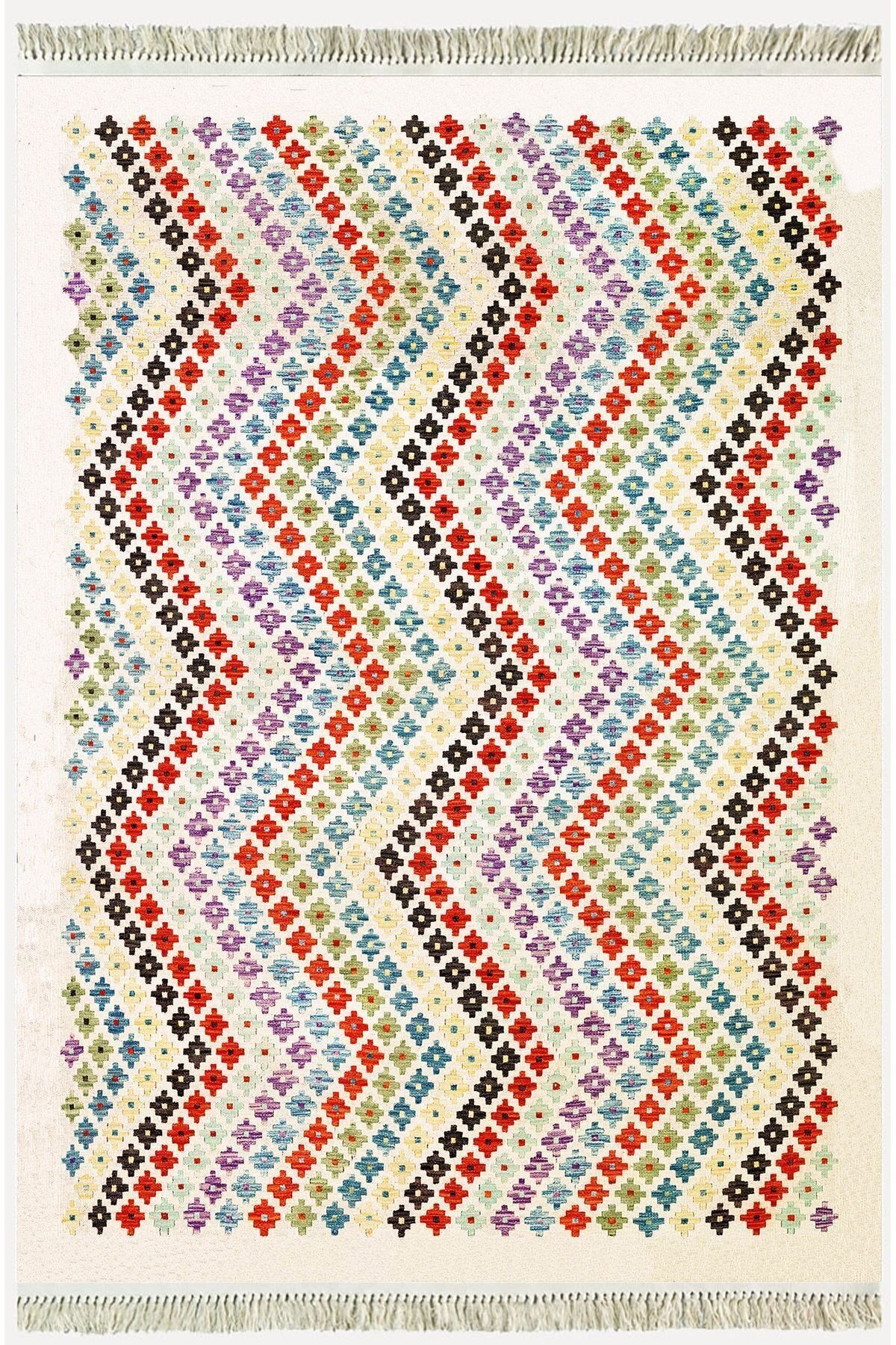 Cotton Kilim 28 Çok Renkli Geleneksel Motif Çizgili Desenli Dekoratif Yıkanabilen Dokuma Taban Kilim