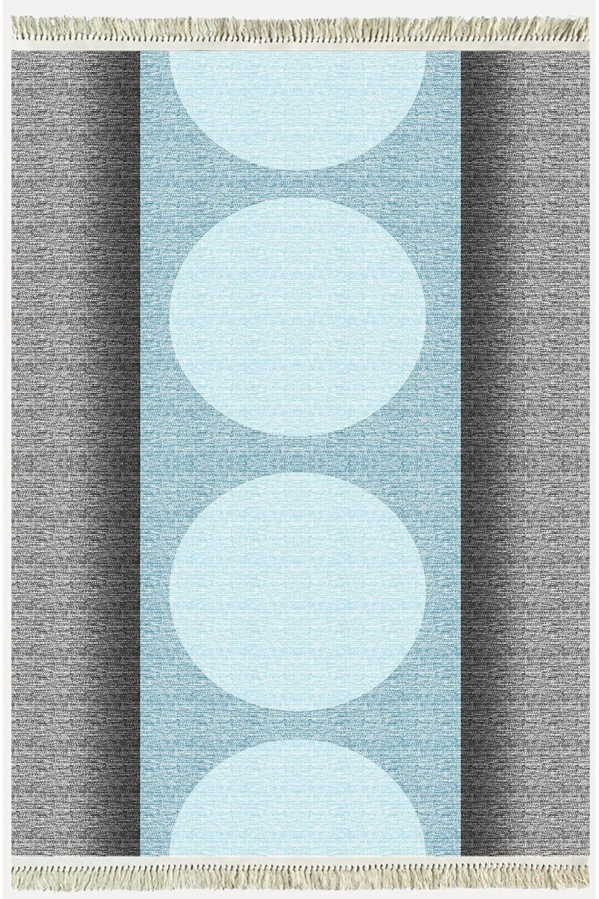 Cotton Kilim 31 Gri Ve Mavi Tonlarında Modern Desenli Dekoratif Yıkanabilen Dokuma Taban Kilim