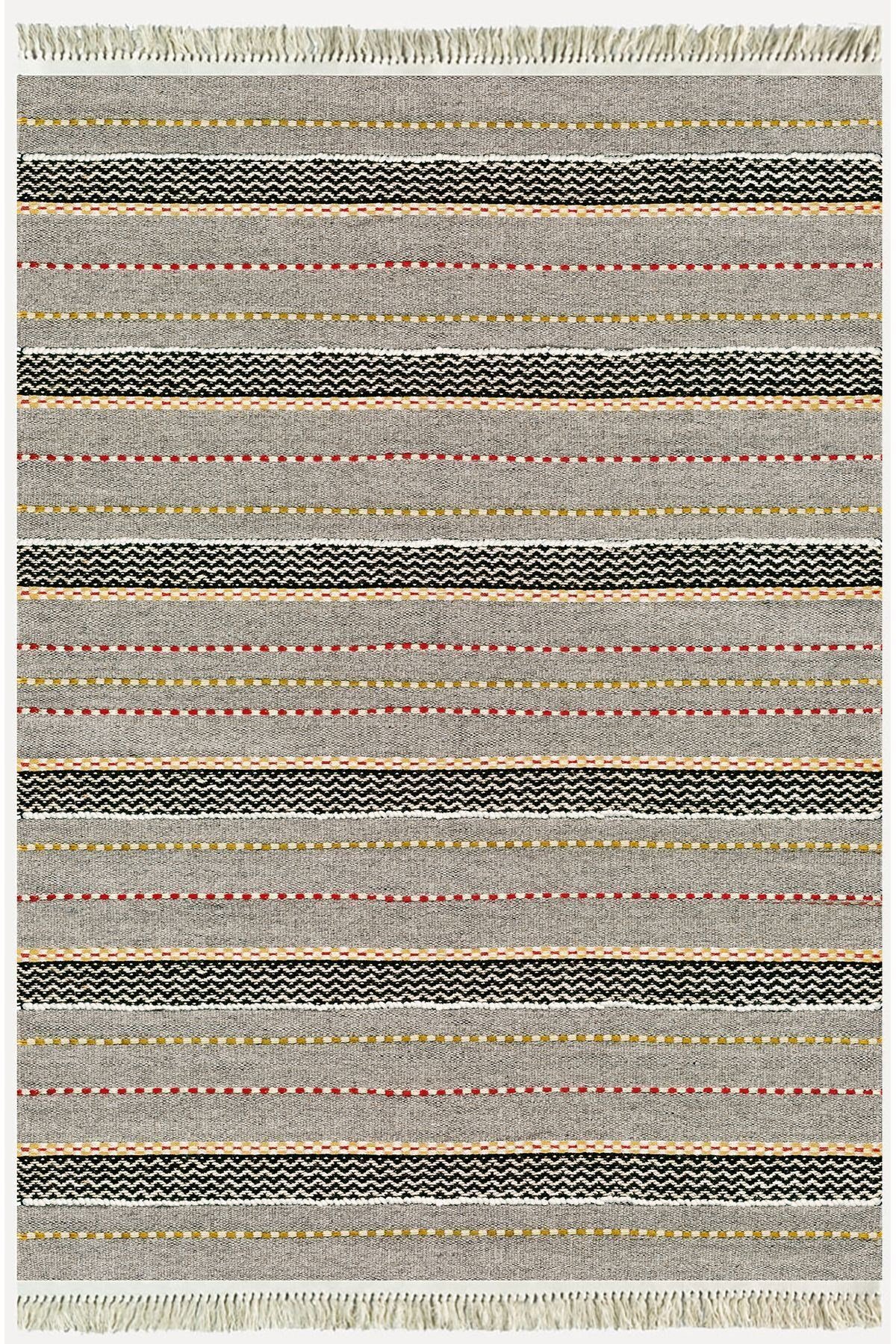 Cotton Kilim 33 Gri Tonlarında Çizgili Modern Desenli Dekoratif Yıkanabilen Dokuma Taban Kilim