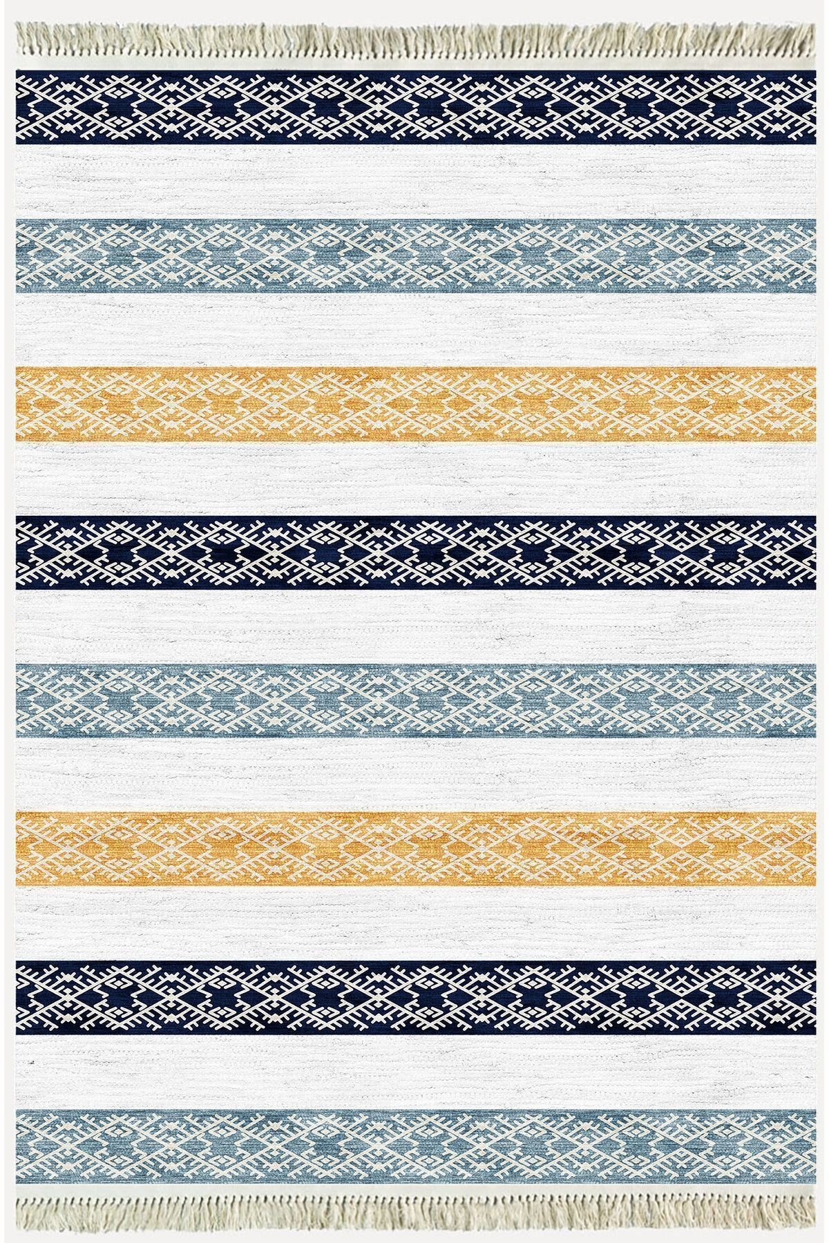 Cotton Kilim 36 Mavi Renklı Modern Desenli Dekoratif Yıkanabilen Dokuma Taban Kilim