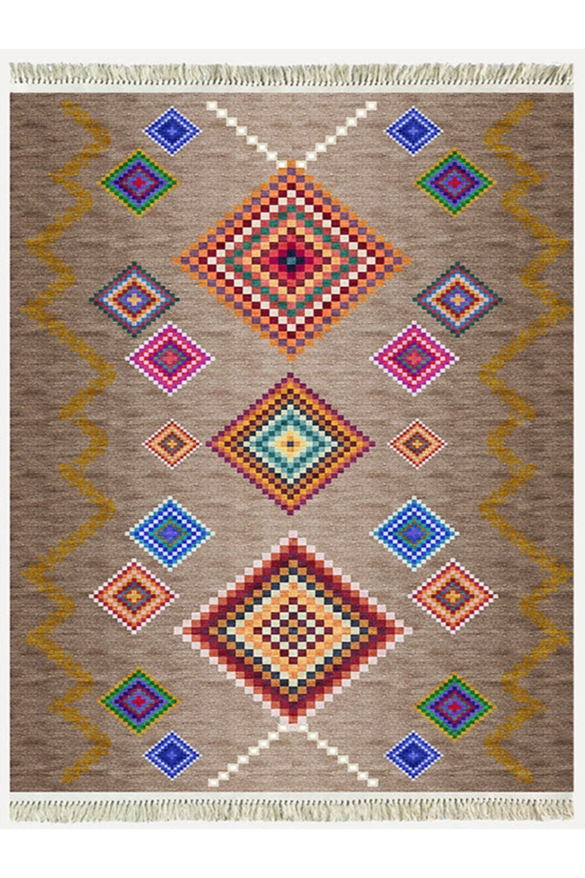 COTTON KİLİM 3668 Bej Tonlarında İskandinav Desenli Dekoratif Kilim
