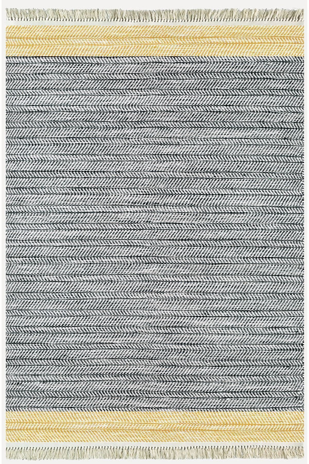 Cotton Kilim 50 Gri Hardal Zeminli Geneleksel Motifler Modern Dekoratif Yıkanabilen Dokuma Kilim