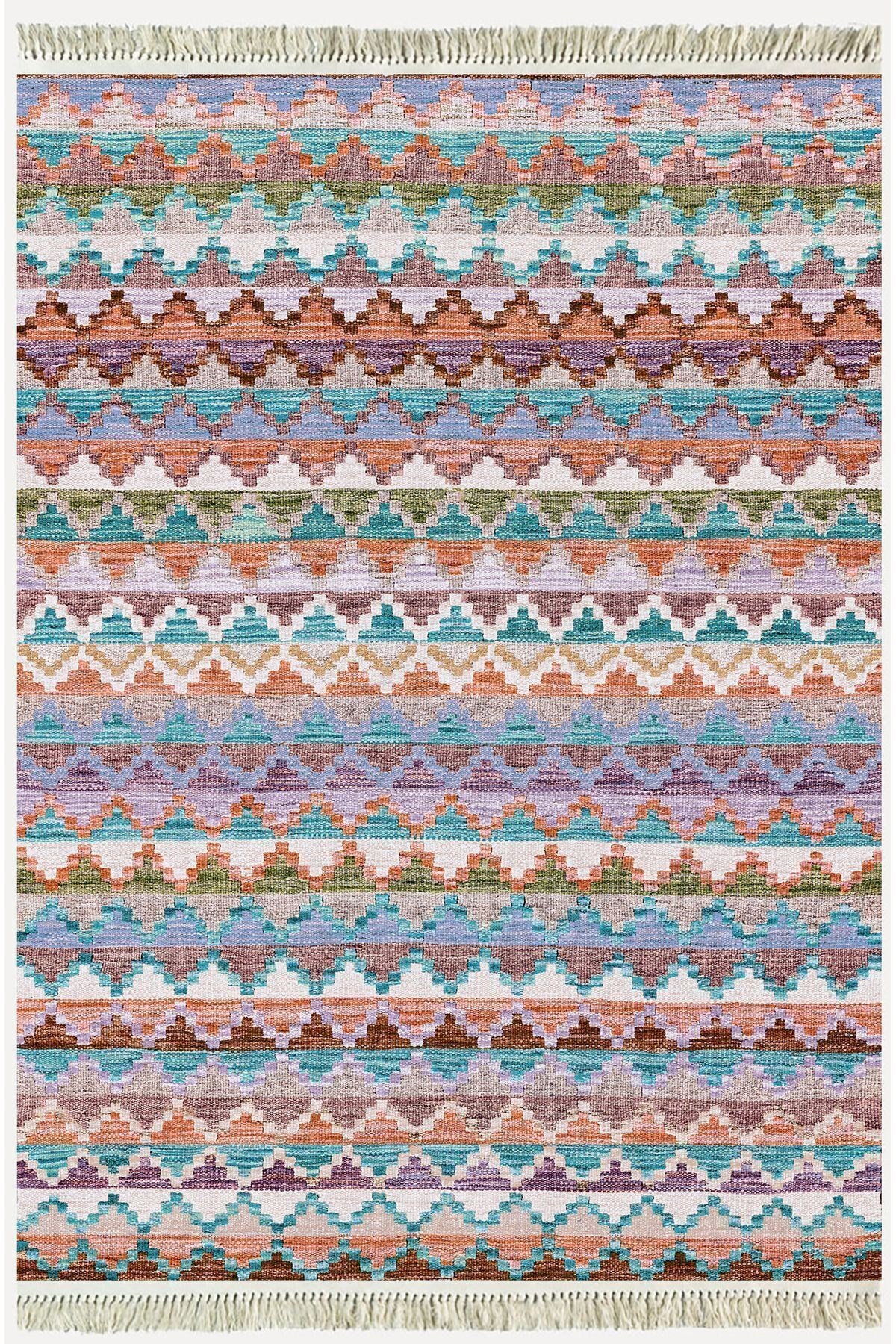 Cotton Kilim 51 Gri Zeminli Geleneksel Motifler Modern Dekoratif Saçaklı Yıkanabilen Dokuma Kilim