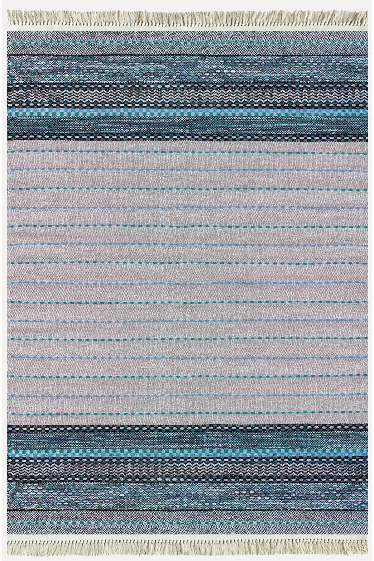 Cotton Kilim 52 Mavi Ve Gri Zeminli Geneleksel Motifler Modern Dekoratif Yıkanabilen Dokuma Kilim
