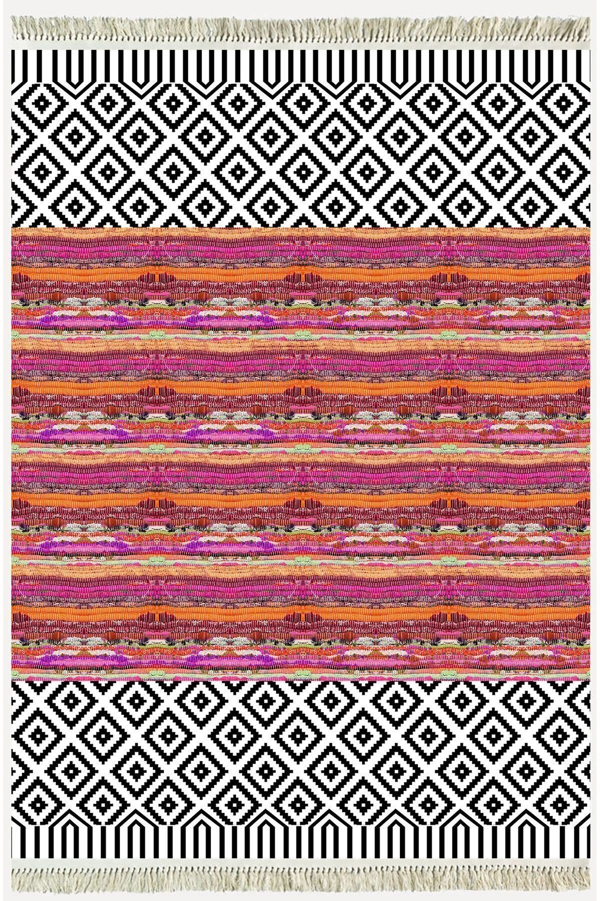 Cotton Kilim 53 Multy Geleneksel Motifler Modern Dekoratif Saçaklı Yıkanabilen Dokuma Kilim
