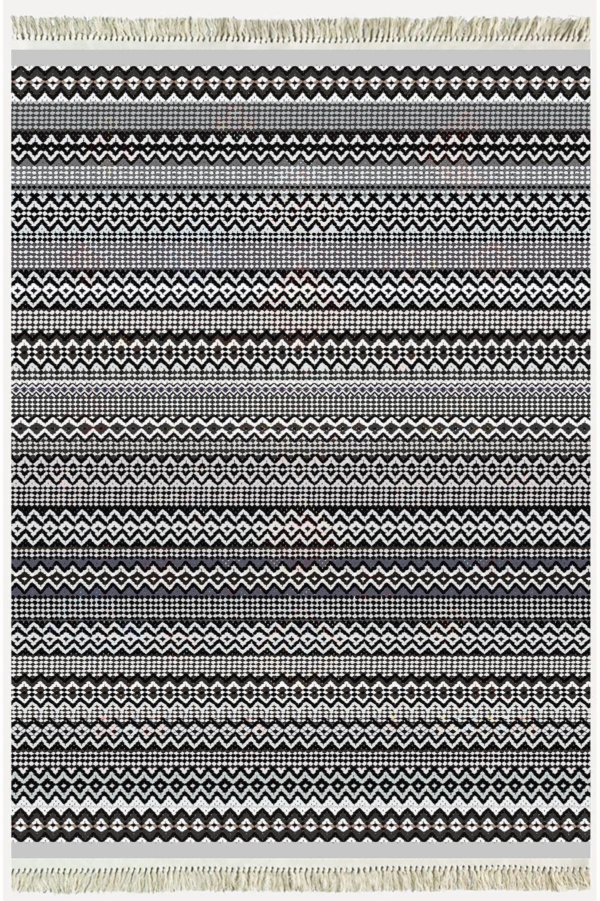 Cotton Kilim 56 Gri Desenli Geleneksel Motifler Modern Dekoratif Saçaklı Yıkanabilen Dokuma Kilim