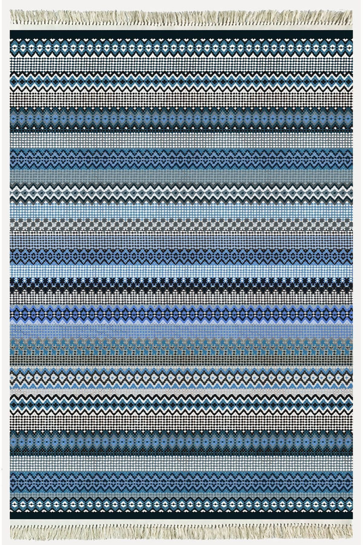 Cotton Kilim 6 Mavi Tonunda Geometrik Desenli Dekoratif Yıkanabilen Dokuma Taban Kilim