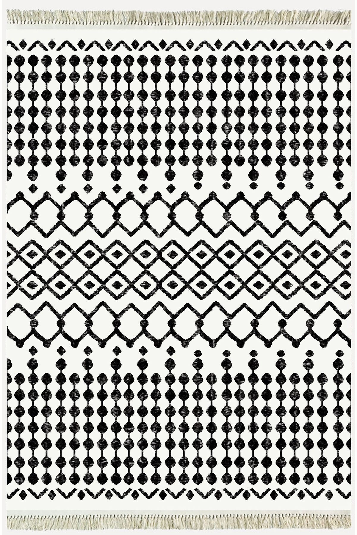 Cotton Kilim 65 Siyah Iskandinav Motifler Modern Dekoratif Saçaklı Yıkanabilen Dokuma Kilim