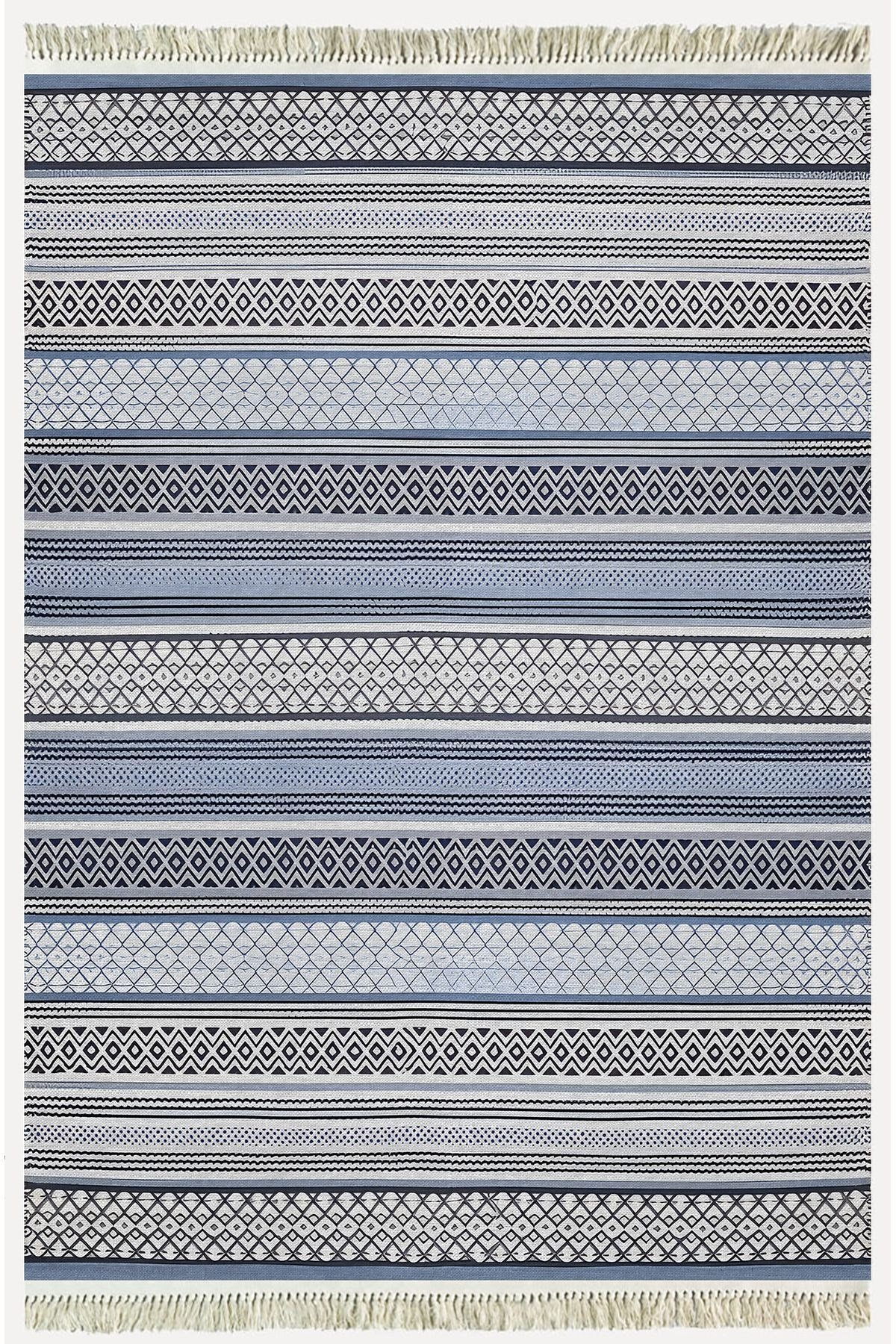 Cotton Kilim 9 Mavi Tonunda Geometrik Desenli Dekoratif Yıkanabilen Dokuma Taban Kilim