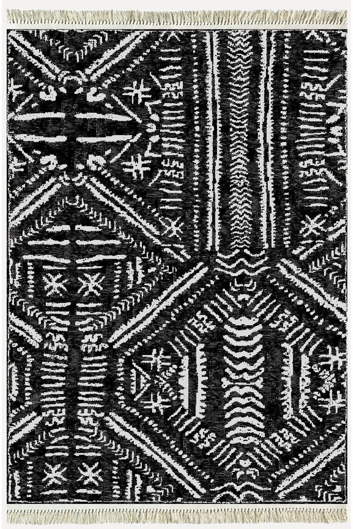 Cotton Kilim46 Siyah Zeminli Geneleksel Motifler Modern Dekoratif Yıkanabilen Dokuma Kilim