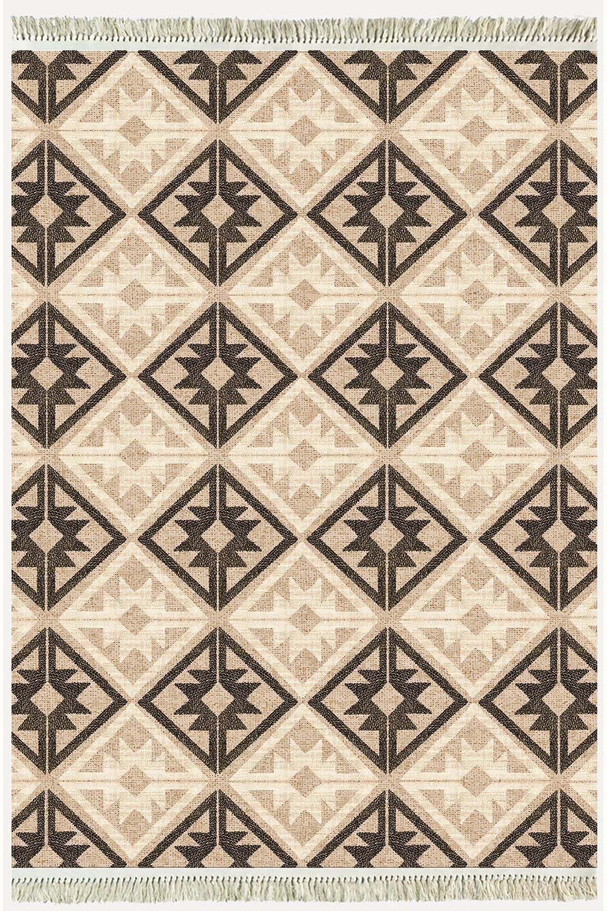 Cotton Kilim48 Jut Zeminli Geneleksel Motifler Modern Dekoratif Yıkanabilen Dokuma Kilim