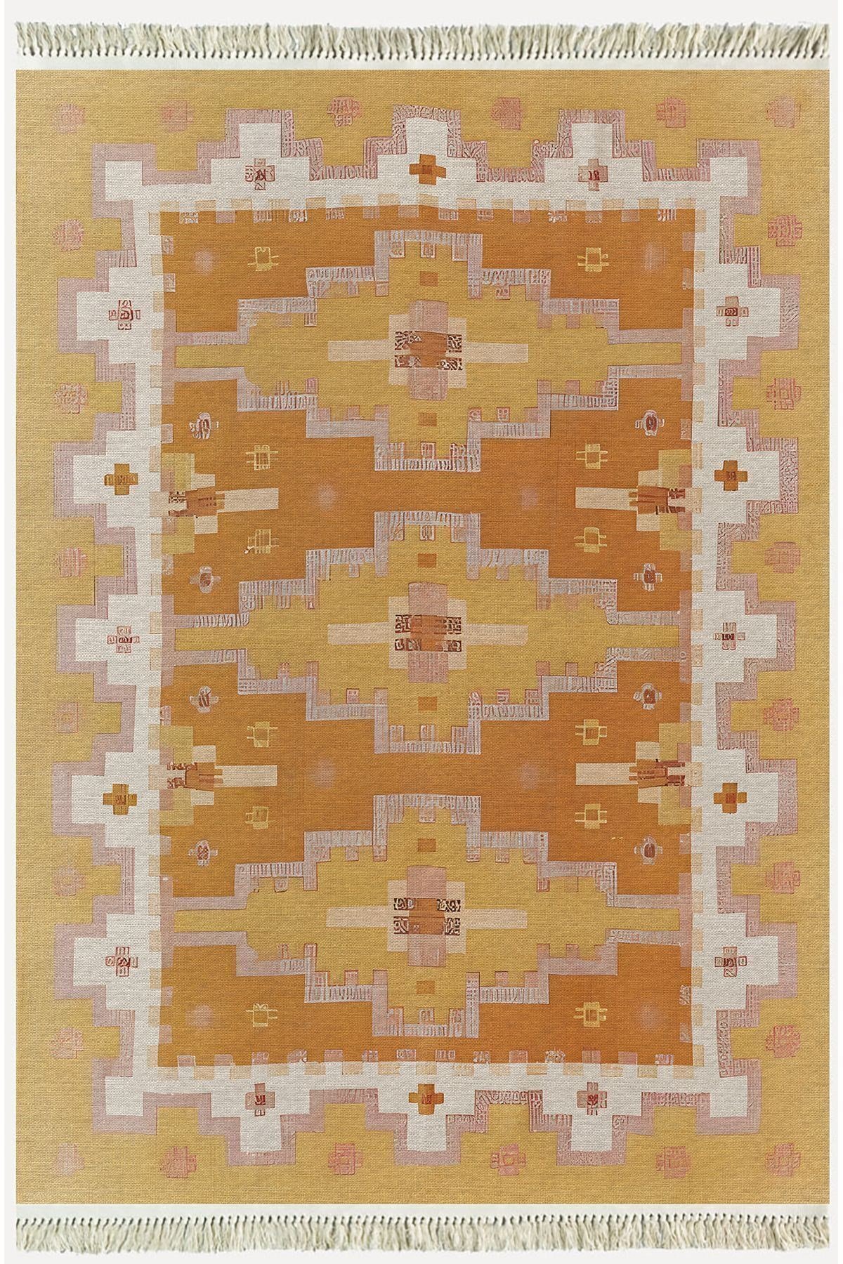 Cotton Kilim59 Jut Geleneksel Motifler Modern Dekoratif Saçaklı Yıkanabilen Dokuma Kilim