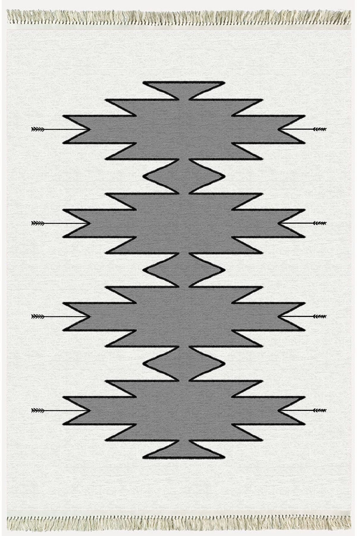Cotton Serisi Açık Gri Ve Gri Tonunda Geometrik Desen Dekoratif Dokuma Taban Kilim