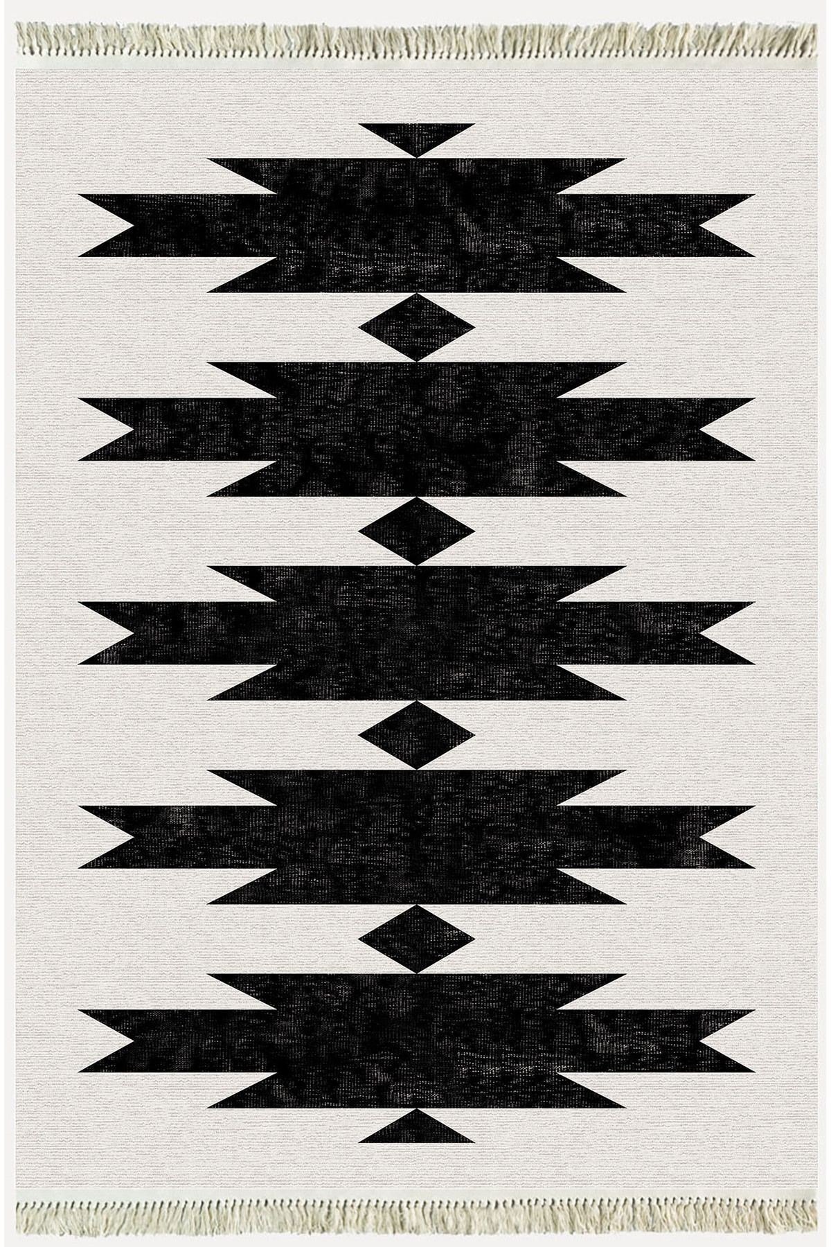 Cotton Serisi Açık Gri Ve Siyah Tonunda Geometrik Desen Dekoratif Dokuma Taban Kilim