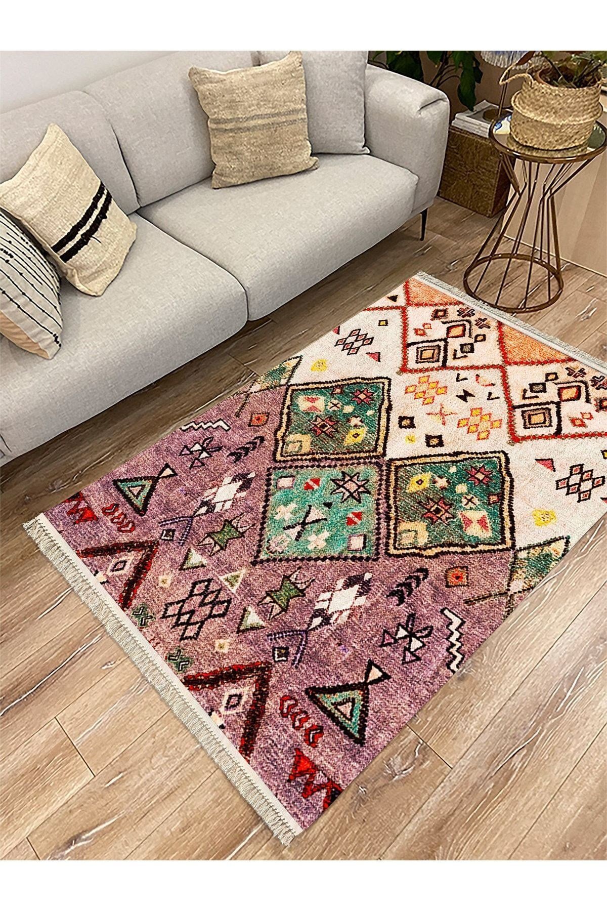 Cotton Serisi Eski Çağ Motifli Baklava Eskitme Otantik Desen Dekoratif Dokuma Taban Kilim