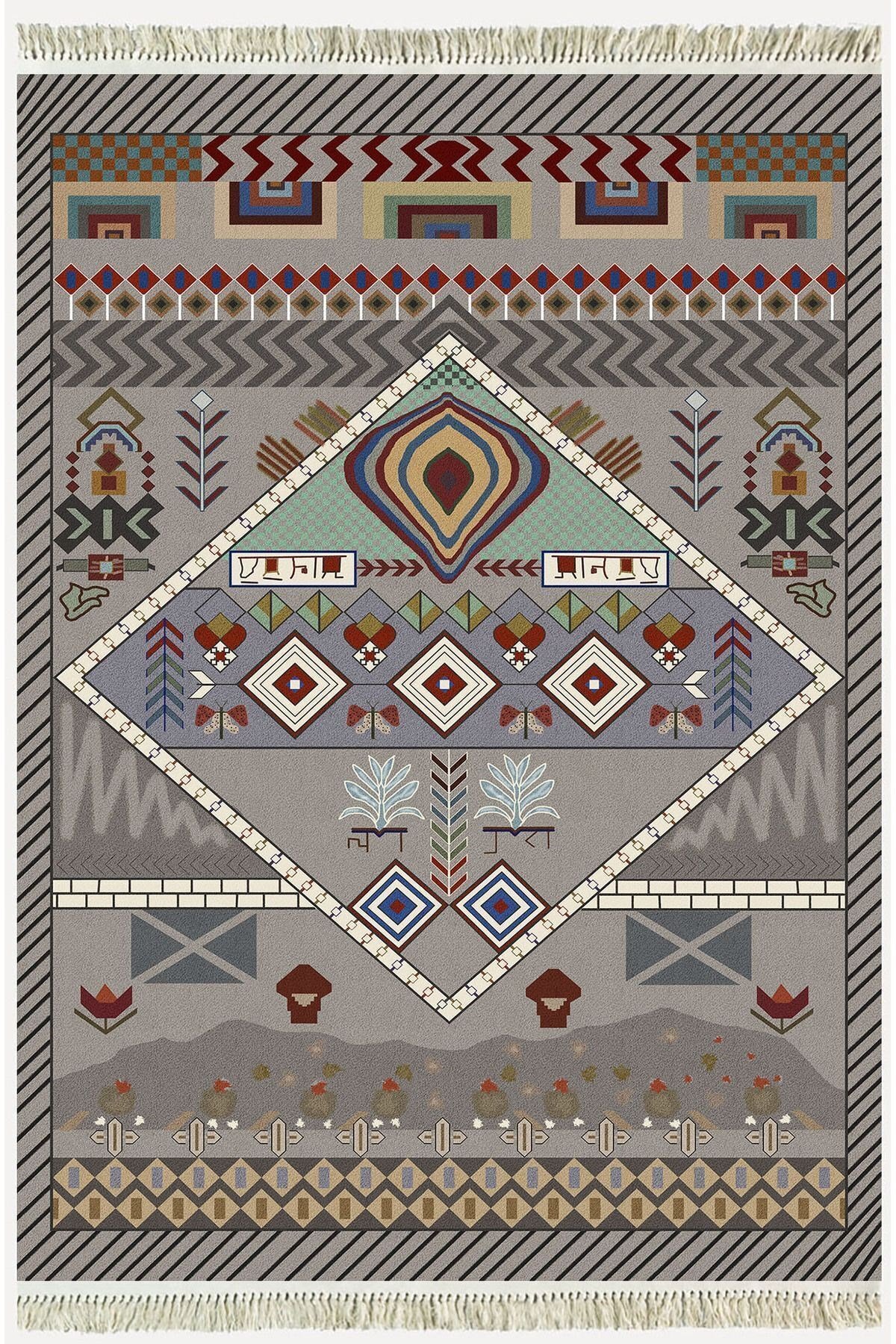 Cotton Serisi Eski Çağ Motifli Eskitme Otantik Desen Dekoratif Dokuma Taban Kilim