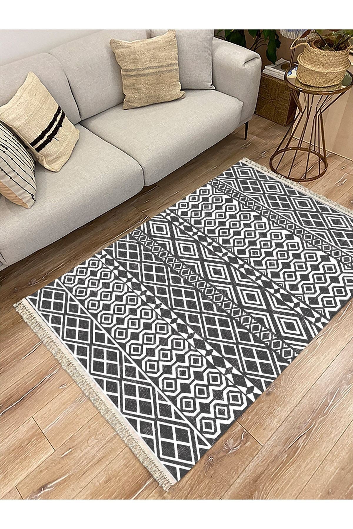 Cotton Serisi Gri Tonlarında Geometrik Çıtır Desen Dekoratif Dokuma Taban Kilim