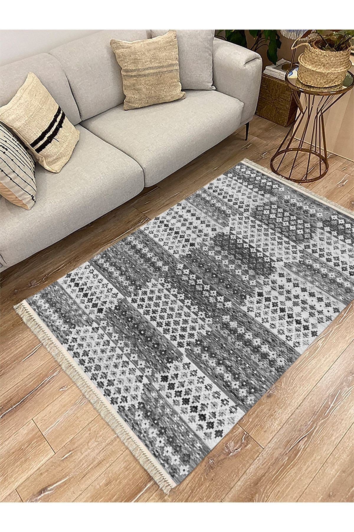 Cotton Serisi Gri Tonlarında Geometrik Eskitme Desen Dekoratif Dokuma Taban Kilim