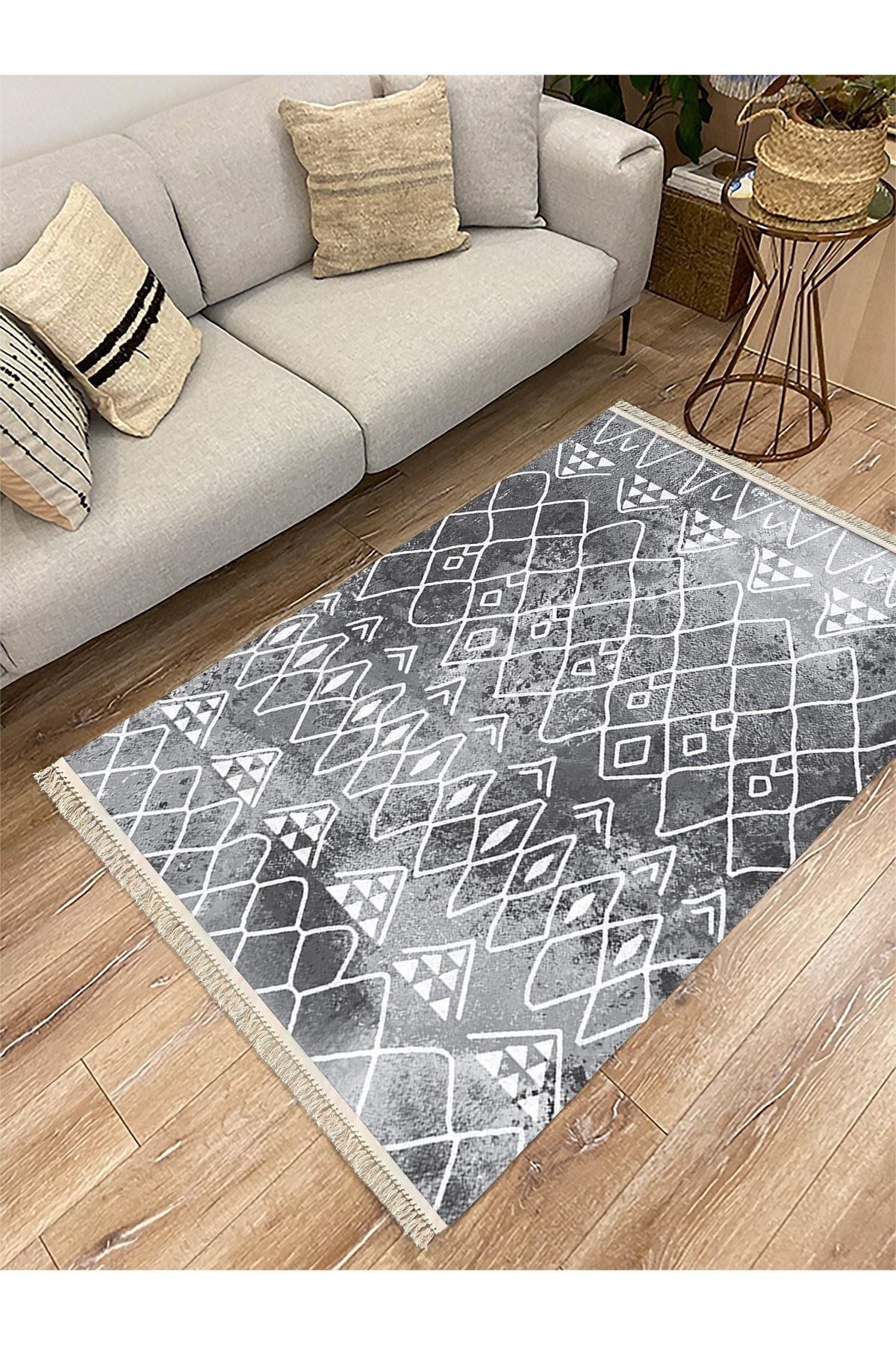 Cotton Serisi Gri Tonlarında Iskandinav Desen Dekoratif Dokuma Taban Kilim