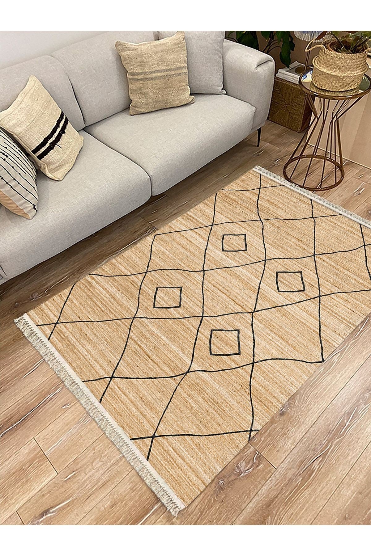Cotton Serisi Hasır Görümülü Siyah Baklava Eskitme Otantik Desenli Dekoratif Dokuma Taban Kilim