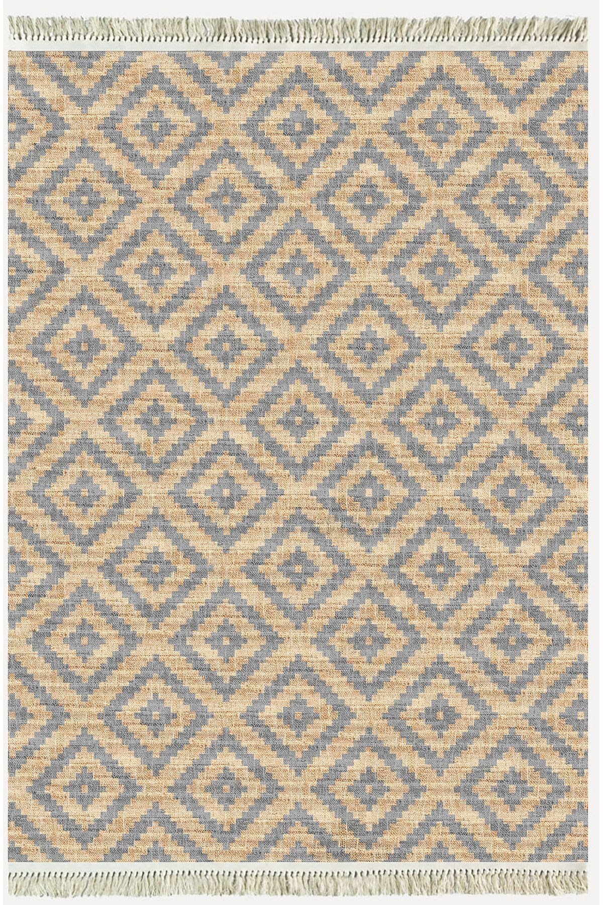 Cotton Serisi Hasır Görünümlü Çıtır Baklava Eskitme Desen Dekoratif Dokuma Taban Kilim