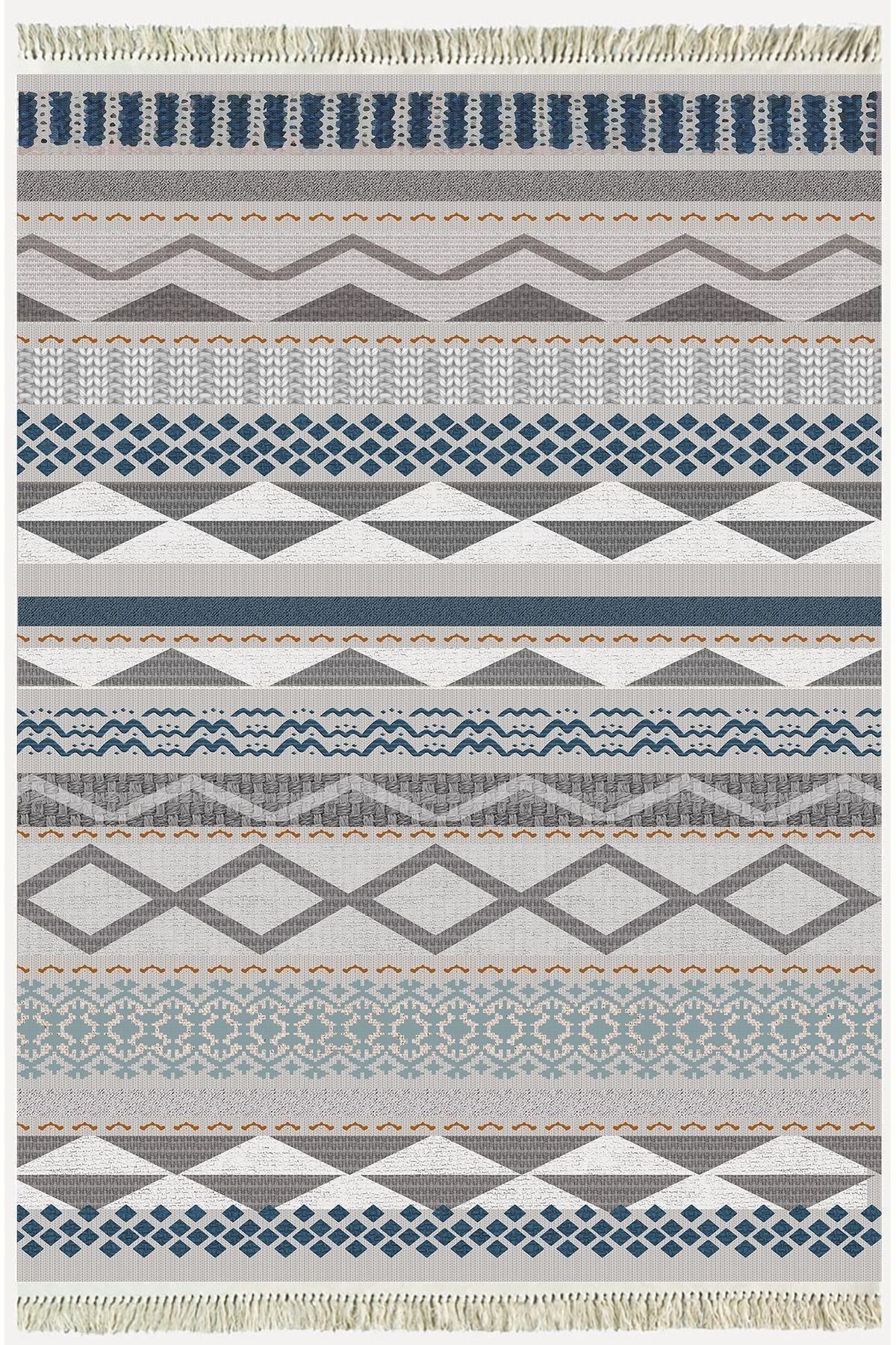 Cotton Serisi Hasır Görünümlü Gri Tonlarında Eskitme Etnik Desen Dekoratif Dokuma Taban Kilim