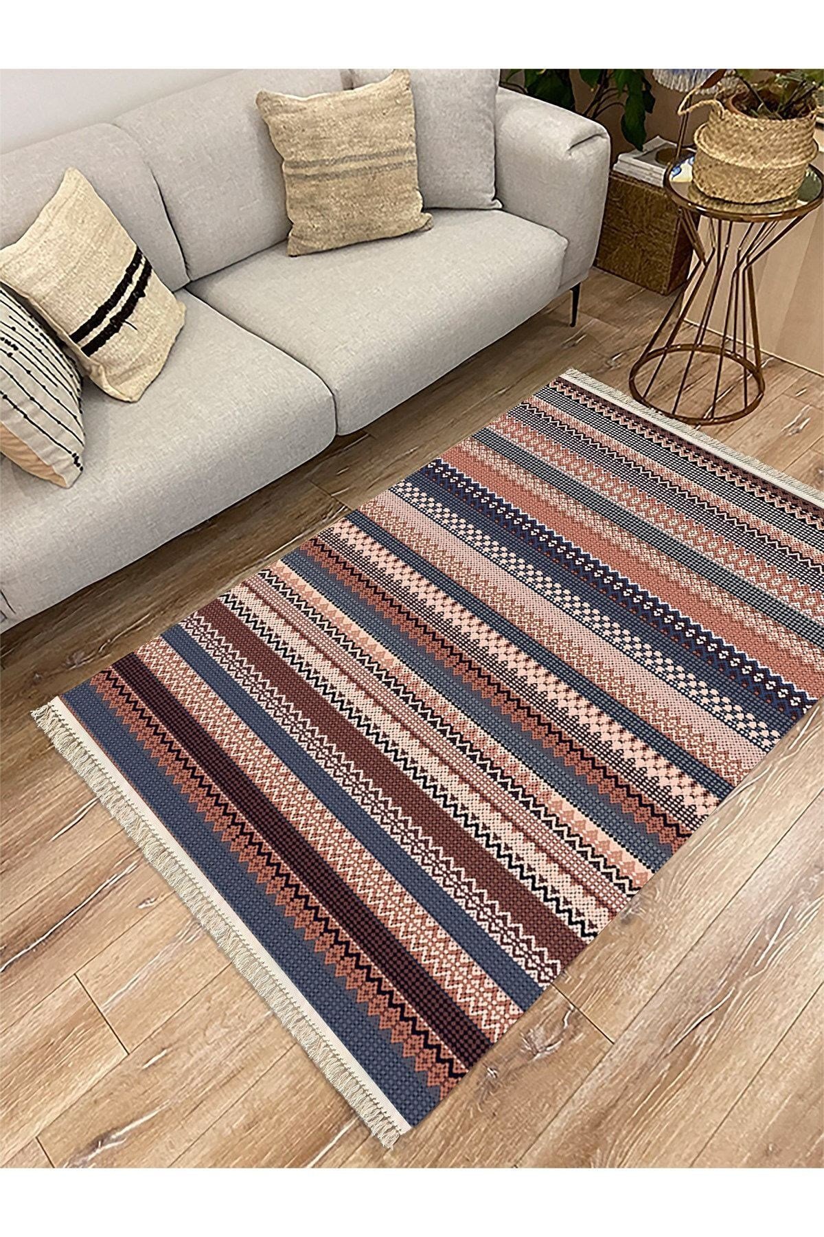 Cotton Serisi Kahve Tonlarında Zikzaklı Eskitme Otantik Etnik Desen Dekoratif Dokuma Taban Kilim