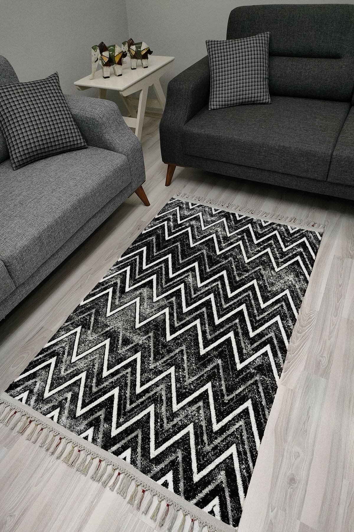 Cotton Serisi Koyu Gri Zikzak Eskitme Desenli Dekoratif Dokuma Taban Kilim