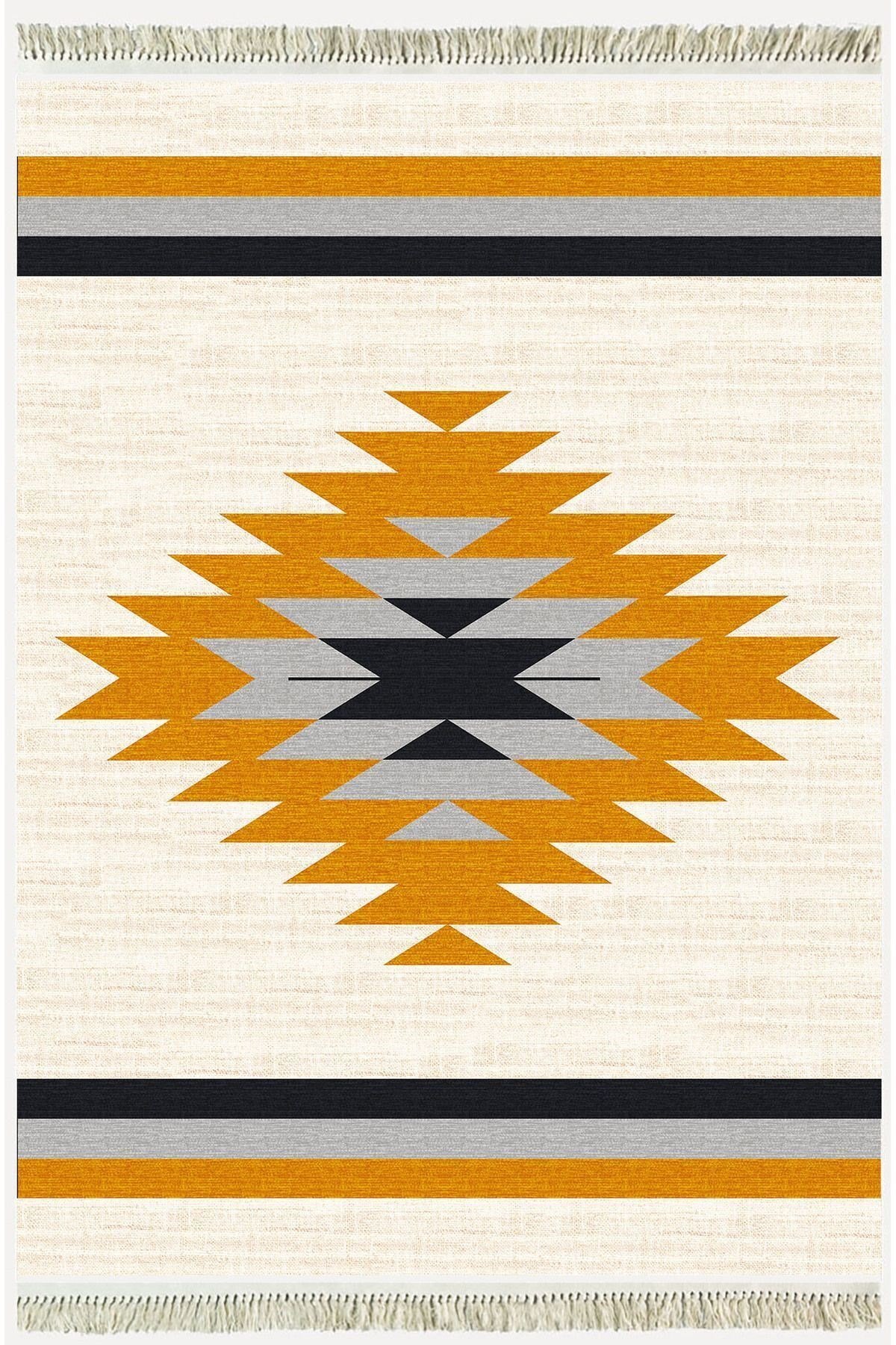 Cotton Serisi Krem Tonlarında Eskitm Desen Dekoratif Dokuma Taban Kilim