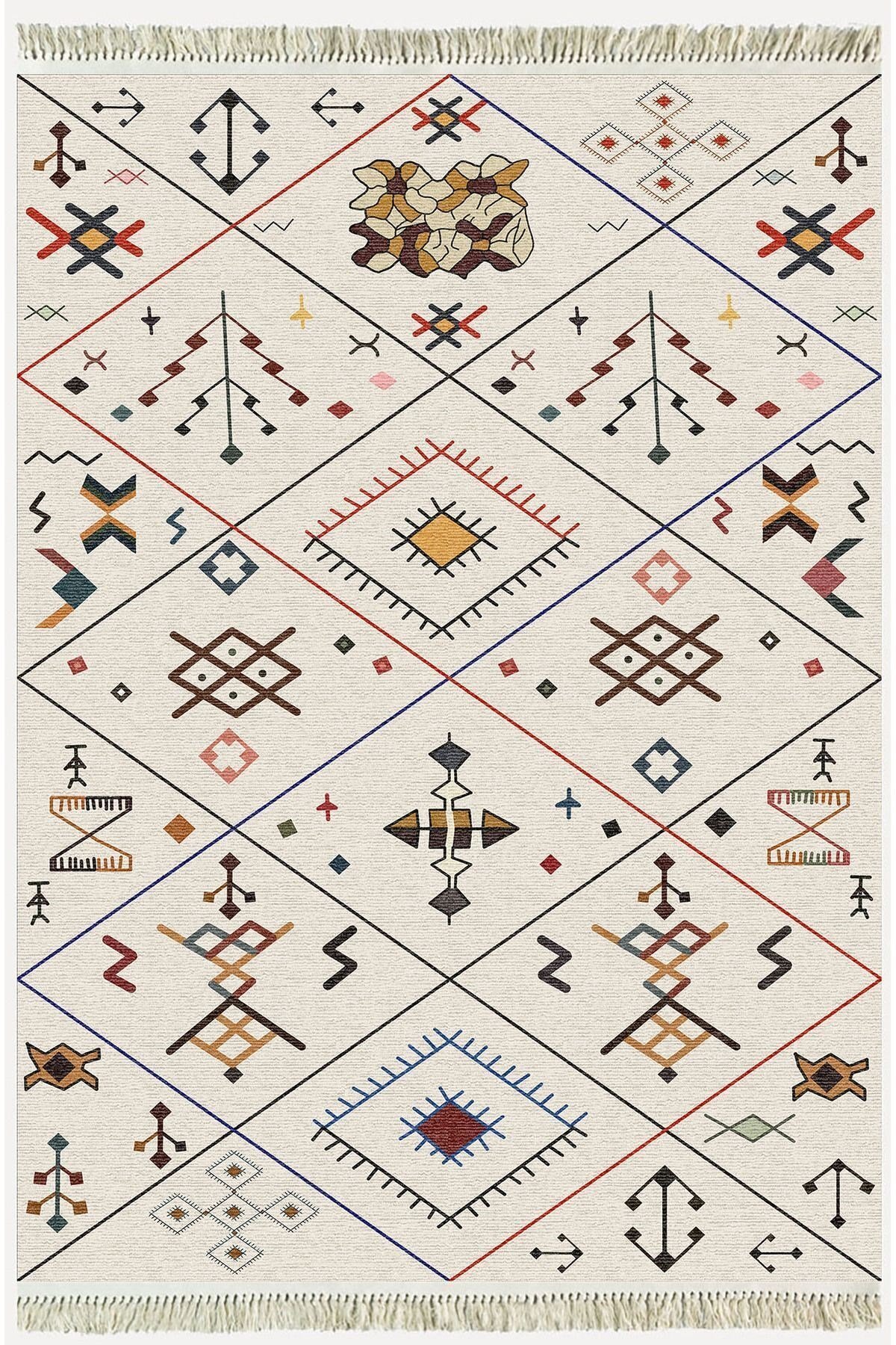 Cotton Serisi Krem Tonlarında Geometrik Desenli Dekoratif Dokuma Taban Kilim