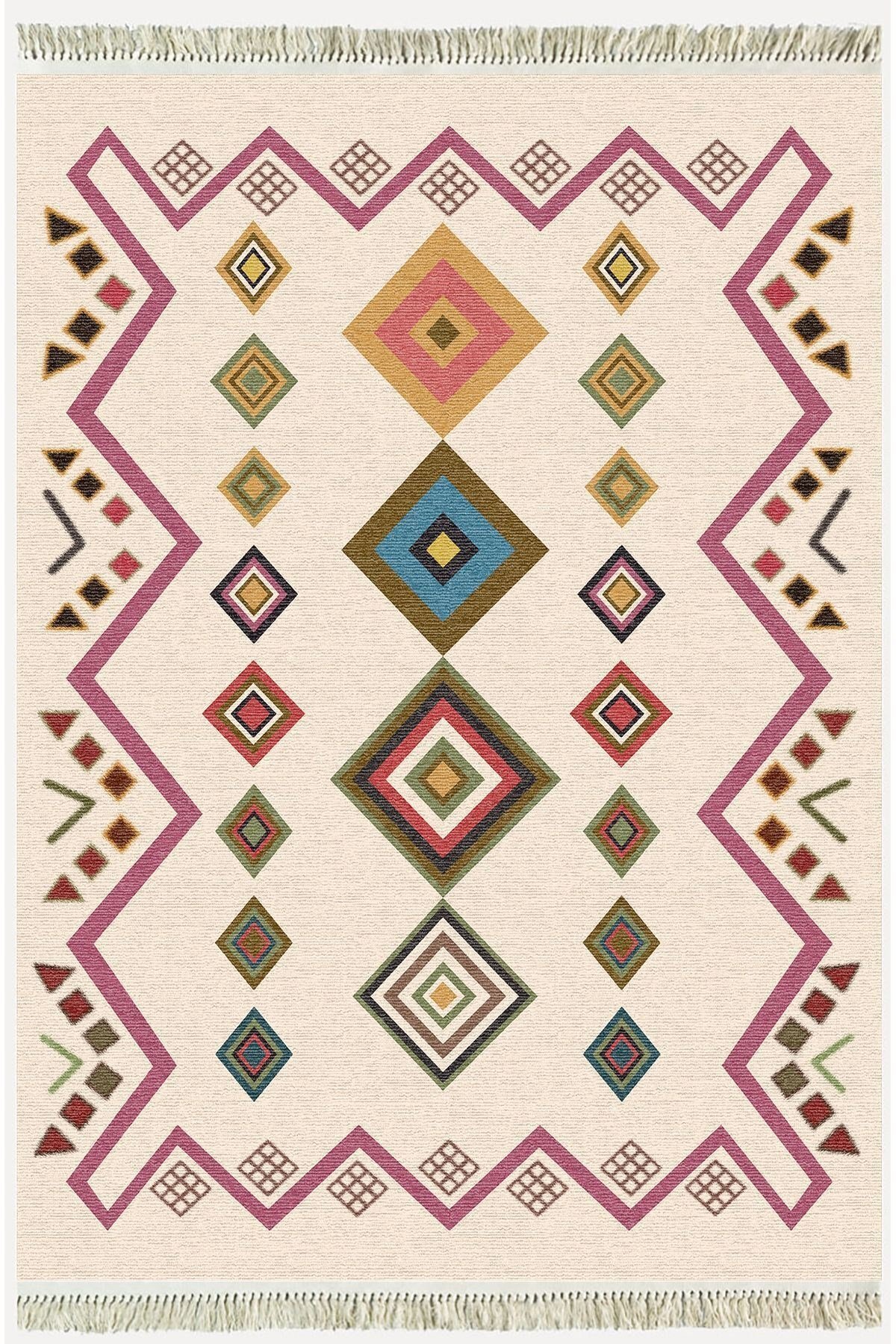 Cotton Serisi Krem Tonunda Geometrik Desenli Dekoratif Dokuma Taban Kilim