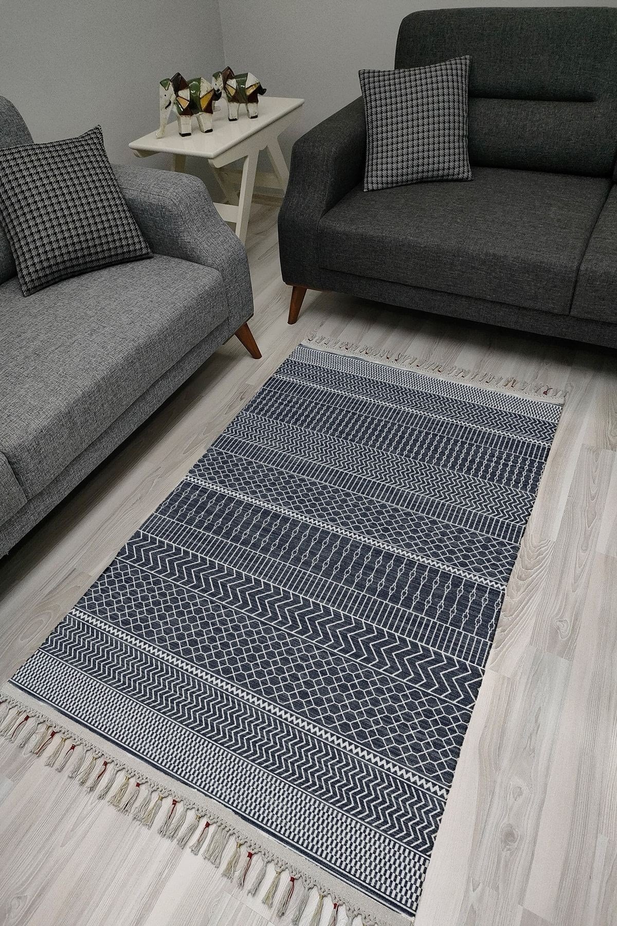 Cotton Serisi Lacivet Taban Üstünde Beyaz Geometrik Otantik Dekoratif Dokuma Taban Kilim