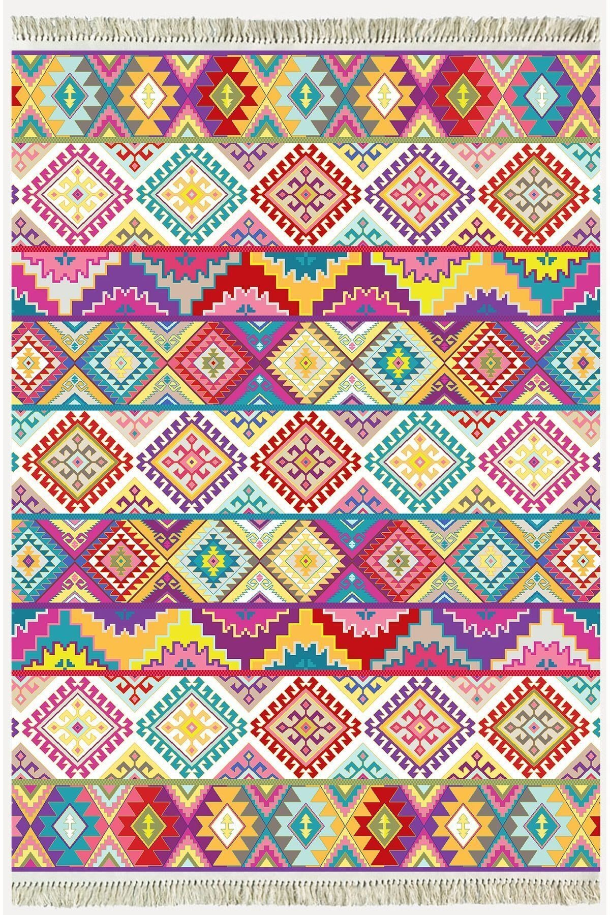 Cotton Serisi Multy Tonlarında Baklavalı Desen Dekoratif Dokuma Taban Kilim