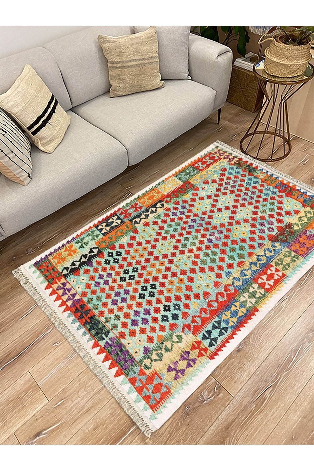 Cotton Serisi Multy Tonlarında Bordürlü Eskitme Desenli Dekoratif Dokuma Taban Kilim