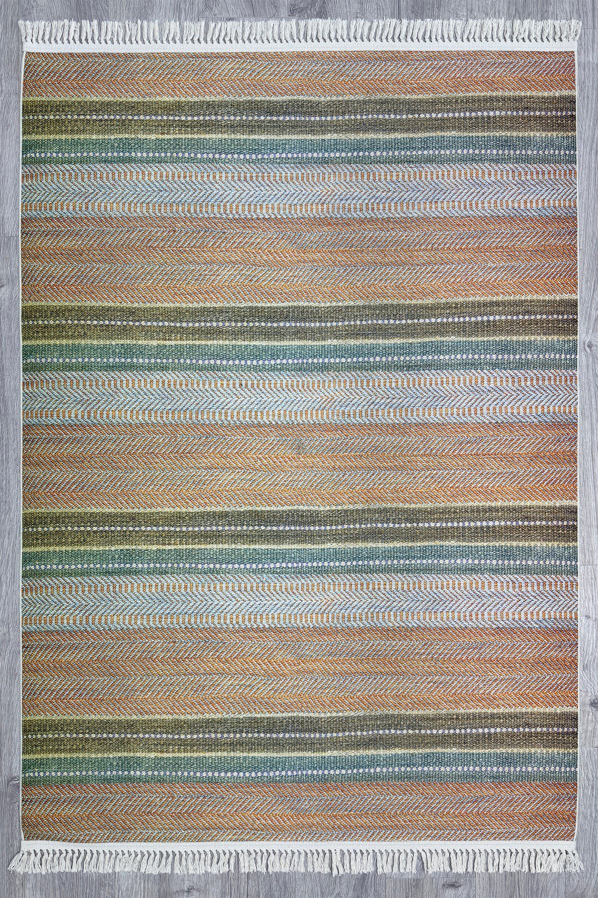 Cotton Serisi Multy Tonlarında Çizgili Eskitme Etnik Desenli Dekoratif Dokuma Taban Kilim 3043